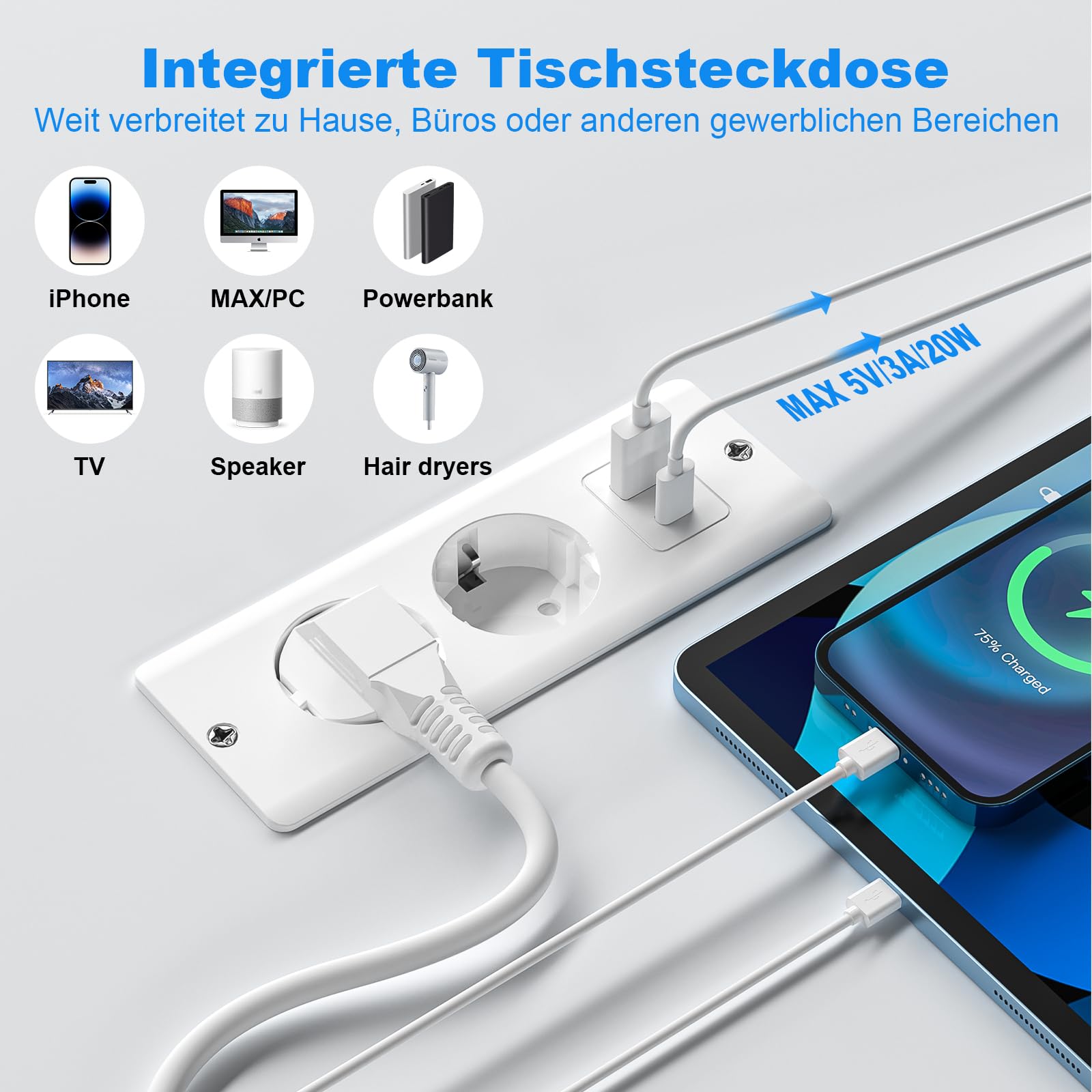 Verzonken Stekkerdoos 2 Voudig met USB C PD 20W, Bureau met Inbouw Stopcontact met 2 USB A, 1 USB C, 1,8M Kabel