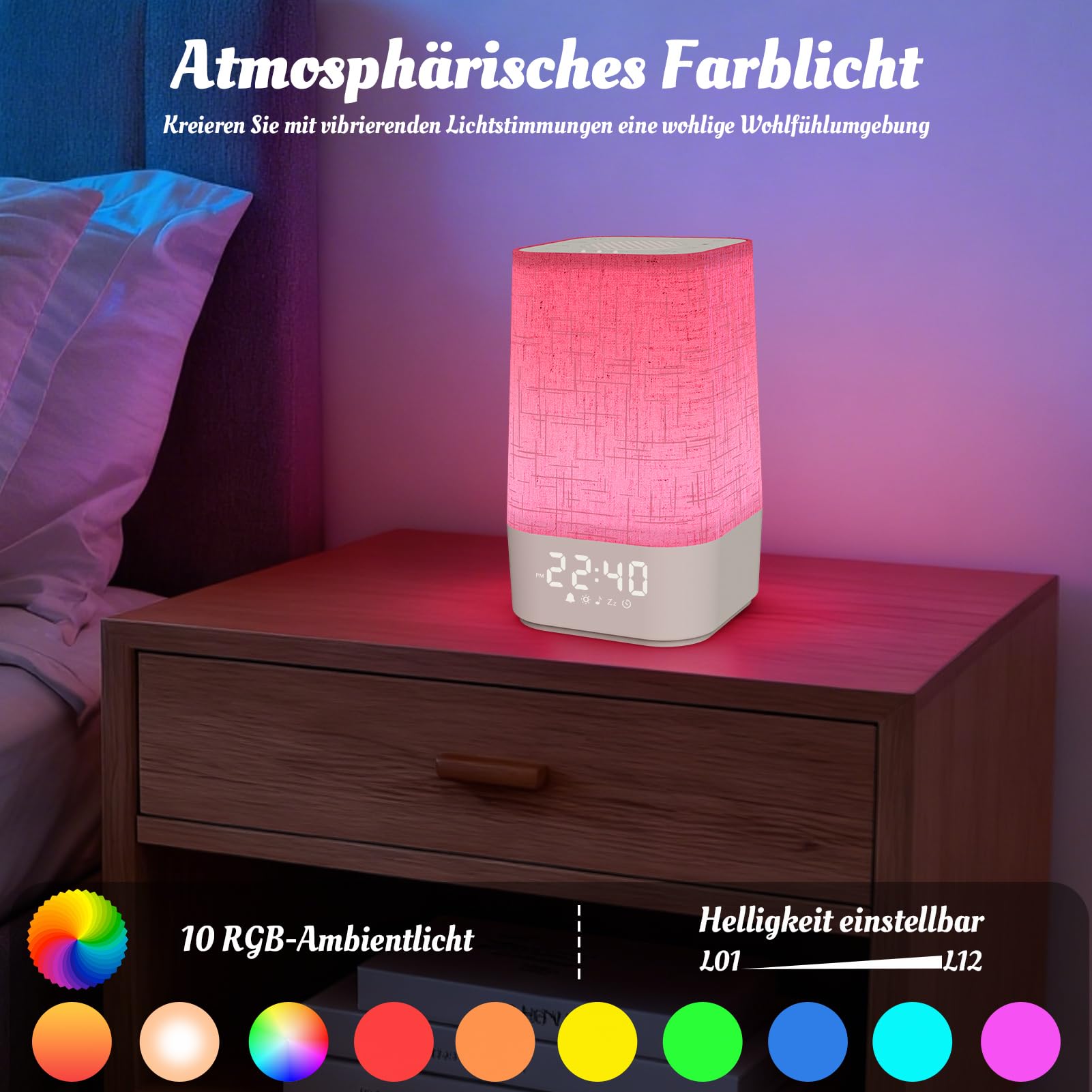 Tageslichtwecker mit 30 Naturgeräuschen, Lichtwecker Wecker mit Licht Sonnenaufgang, Dimmbares Nachtlicht RGB Wake Up Licht Nachttischlampe mit Ladefunktion, Timer