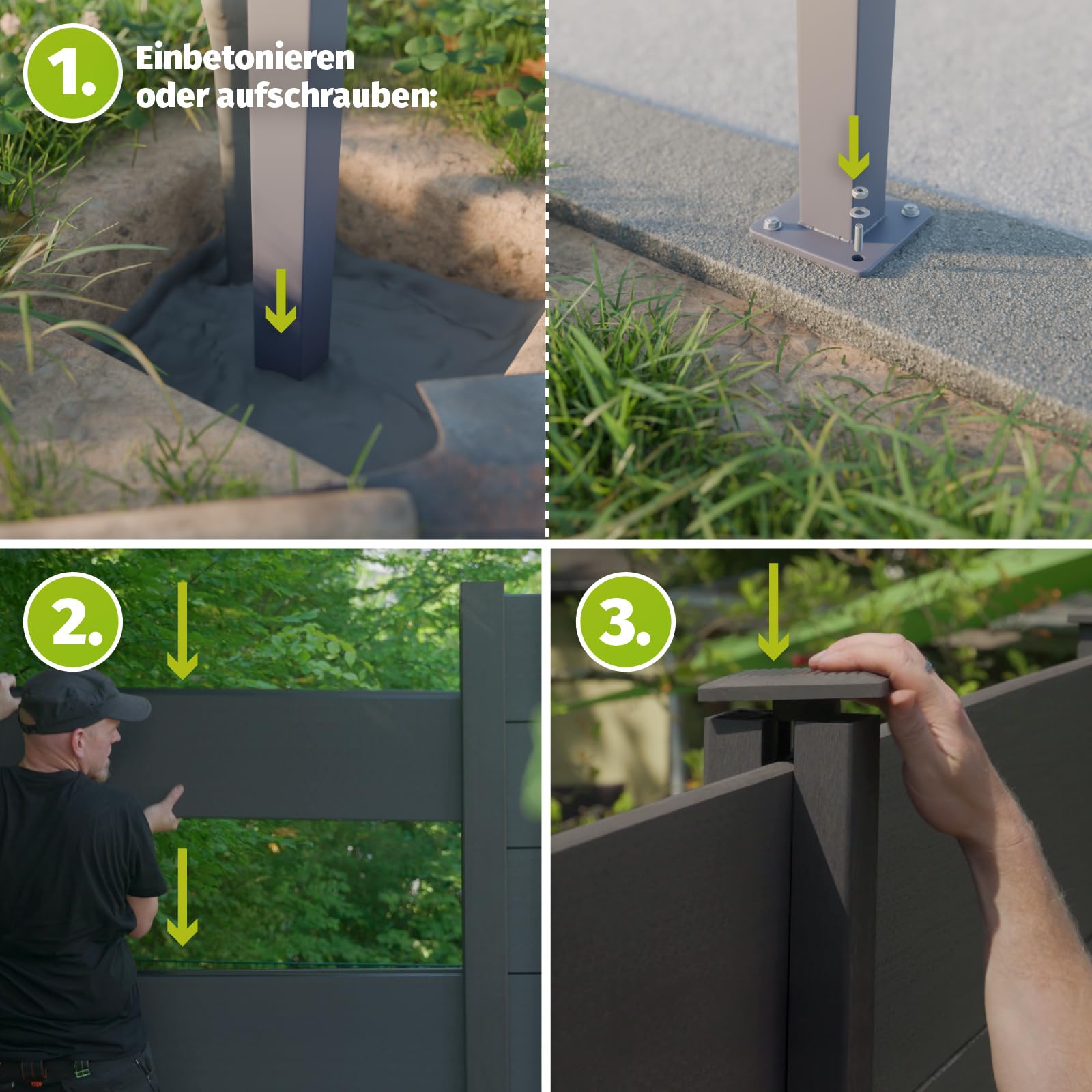 HORI WPC Sichtschutz Komplettset Stecksystem Zaun Garten Gartenzaun Lamellenzaun Windschutz Zaunelemente Komplettbausatz 1x Schräg + 1x kl. Pfosten - zum Einbetonieren - Zaun: Grau - Pfosten: Grau