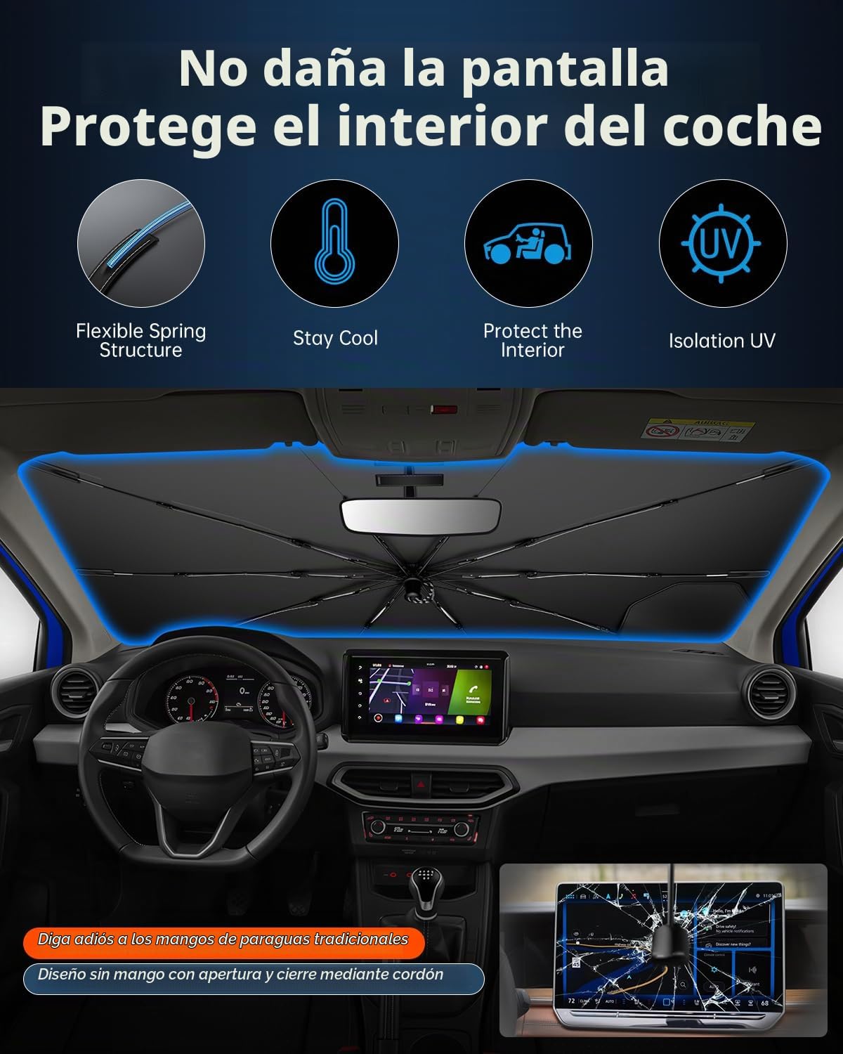 Ruiya 2026 Upgrade Parasol Coche Delantero Compatible con Seat Ibiza Arona 2018-2026, Paraguas Plegable Aislamiento Térmico, Protección UV, Accesorios para Parabrisas