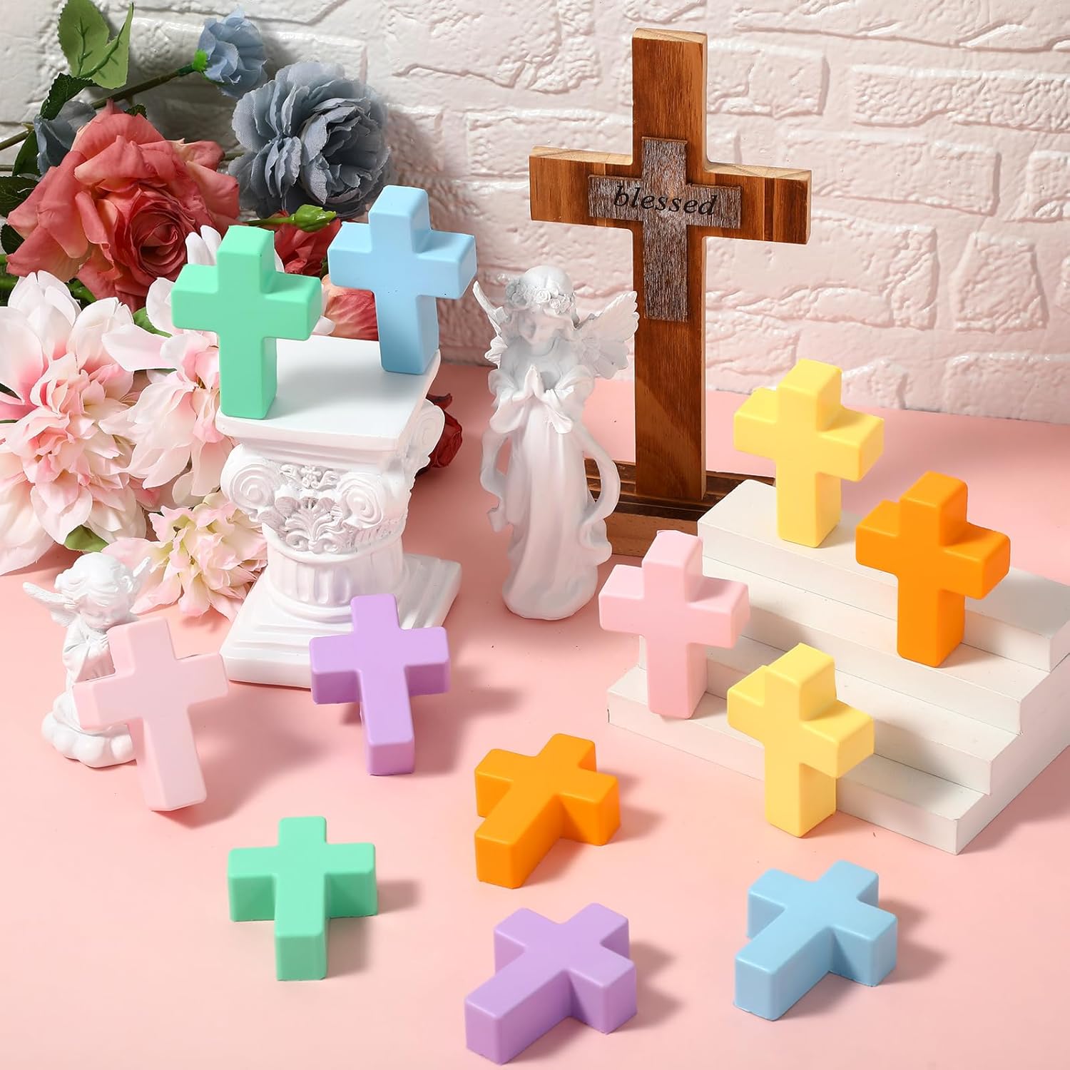 Shappy 24 Pcs Cross Stress Relief Toys Fidget PU Pocket Cross Bulk Stress Gifts for Adults Christian Small Therapy Fidget Relief Toys Easter Religious Baptism Party Favors(Macaron Color,Simple)