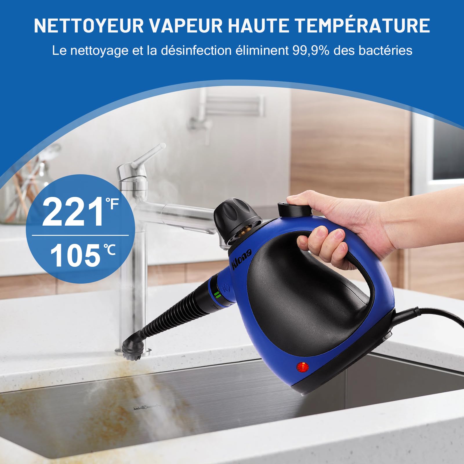 Klona Nettoyeur vapeur portable pour la maison - Nettoyeur vapeur multifonction avec 10 accessoires pour tapis, rideaux, canapés, cuisine, salle de bain et plus encore (bleu marine)