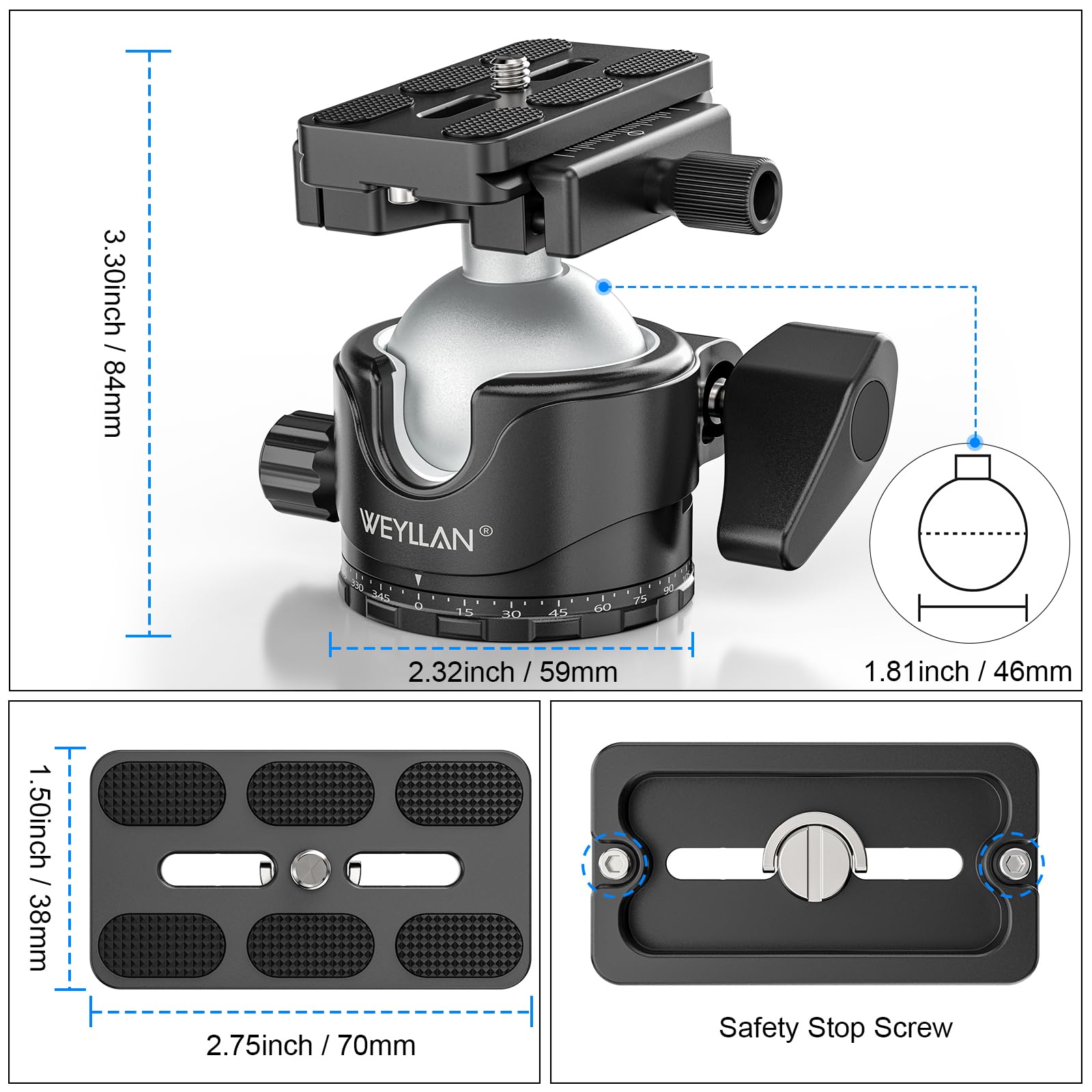 WEYLLAN EH46L rotule de trépied avec levier de déverrouillage, 46mm tête de trépied en métal panoramique avec plaque de dégagement rapide Arca Swiss, rotule robuste pour trépied, charge maximale 20 kg