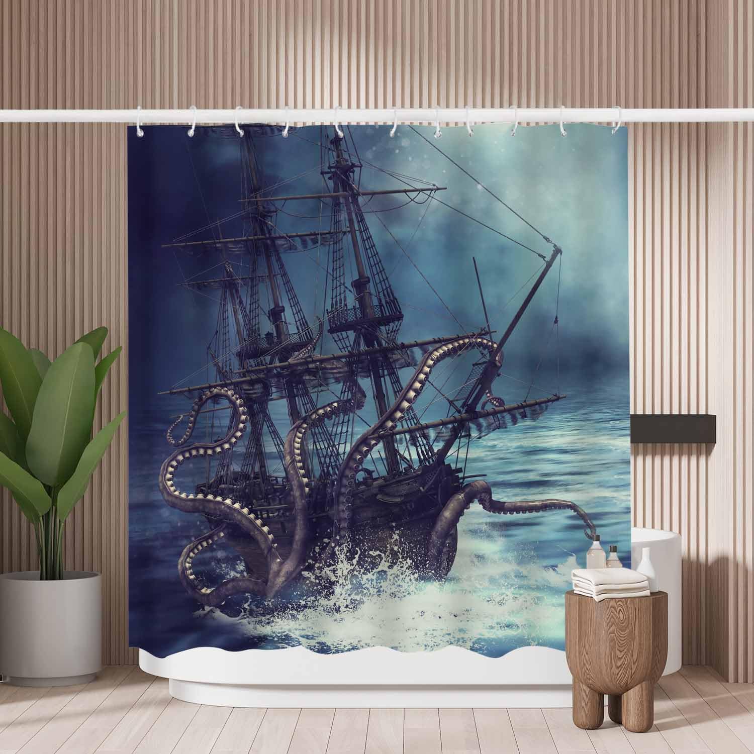 Woutay A205 Shower Curtain Mould Proof Resistant Pirate Ship,Water Repellant Fabric,Polyester,With 12 Plastic Hooks,Size 180X180cm