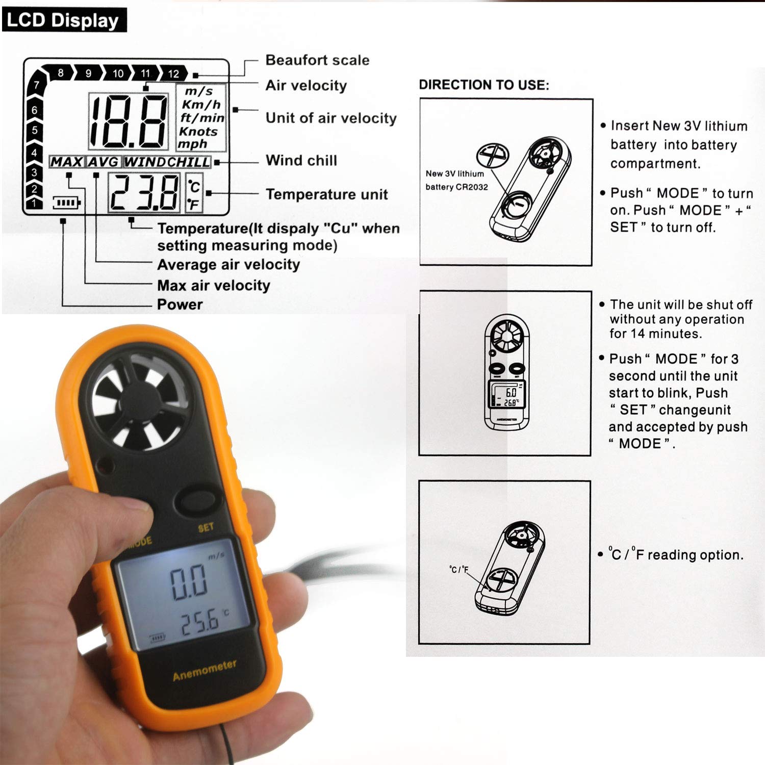 Windmessgerät mit LCD Anzeige Digitales Anemometer für Windsurfen, Kite Fliegen, Segeln, Surfen, Angeln, Messen von Windgeschwindigkeit