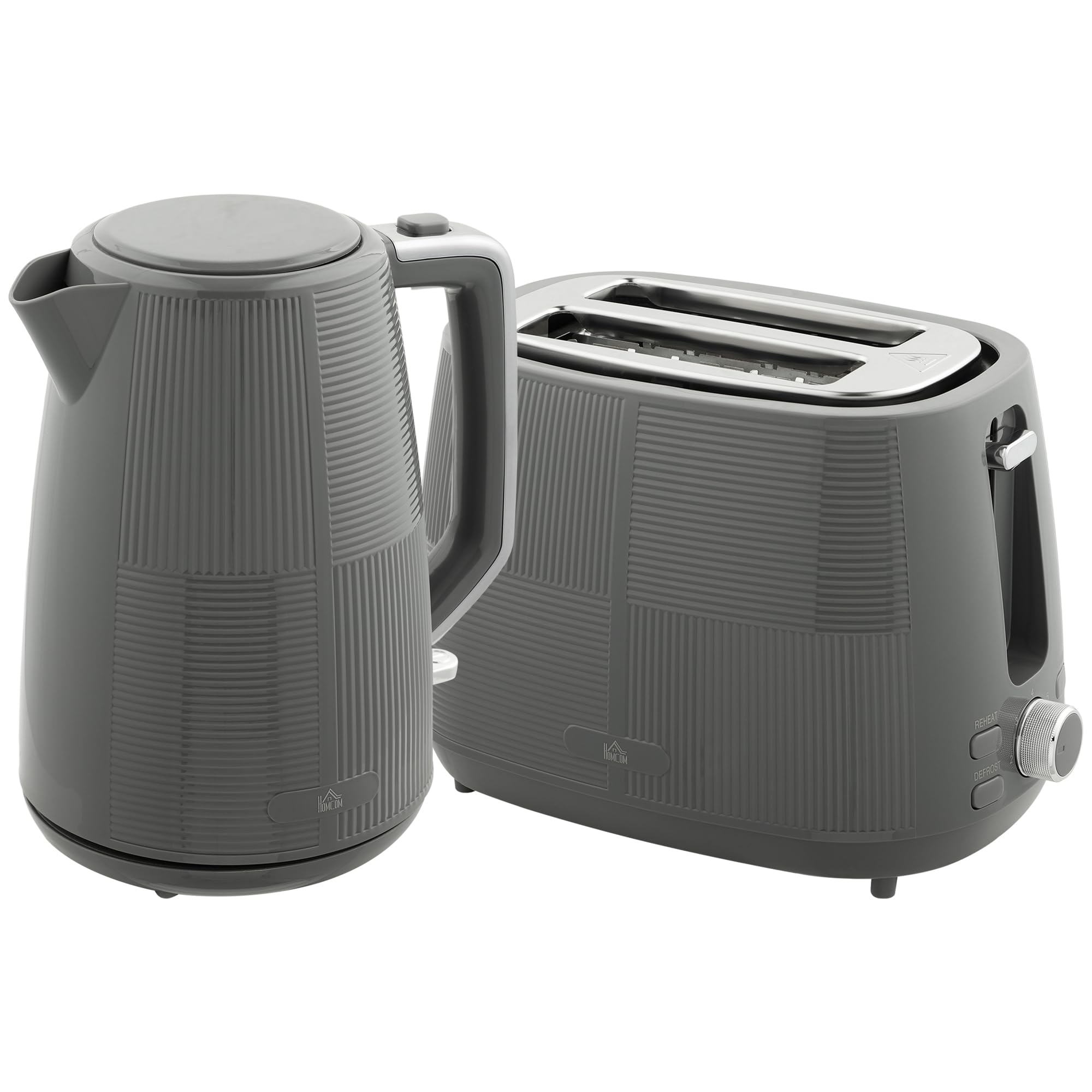 HOMCOM Kettle and Toaster Set, 1.7L 3000W Fast Boil Kettle & 2 Slice Toaster Kitchen Set with 7 Level Browning Controls, Defrost, Reheat, Boil-Dry Protection, Grey