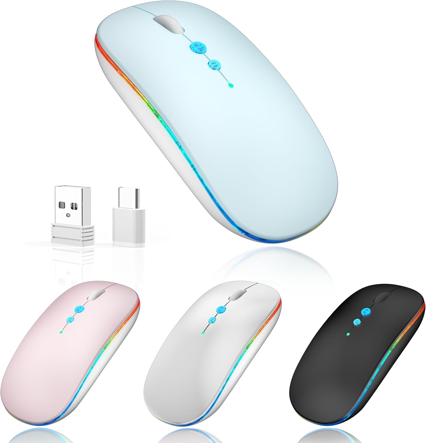 Souris sans fil LED A100S Souris portable silencieuse avec USB et Type-C en option DPI réglable à 3 vitesses pour PC/Mac/ordinateur portable (bleu givré)