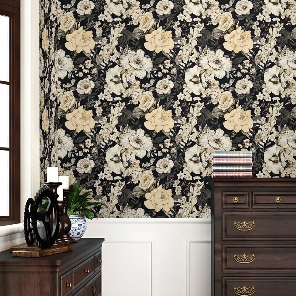 REDAMANCY Black and White Peony Flower Boho Luxury Peel and Stick Wallpaper Vintage Wall Paper Stick on Contact Paper Easy Peel Off for nightstand Drawer Renter Friendly 17.7"x236"