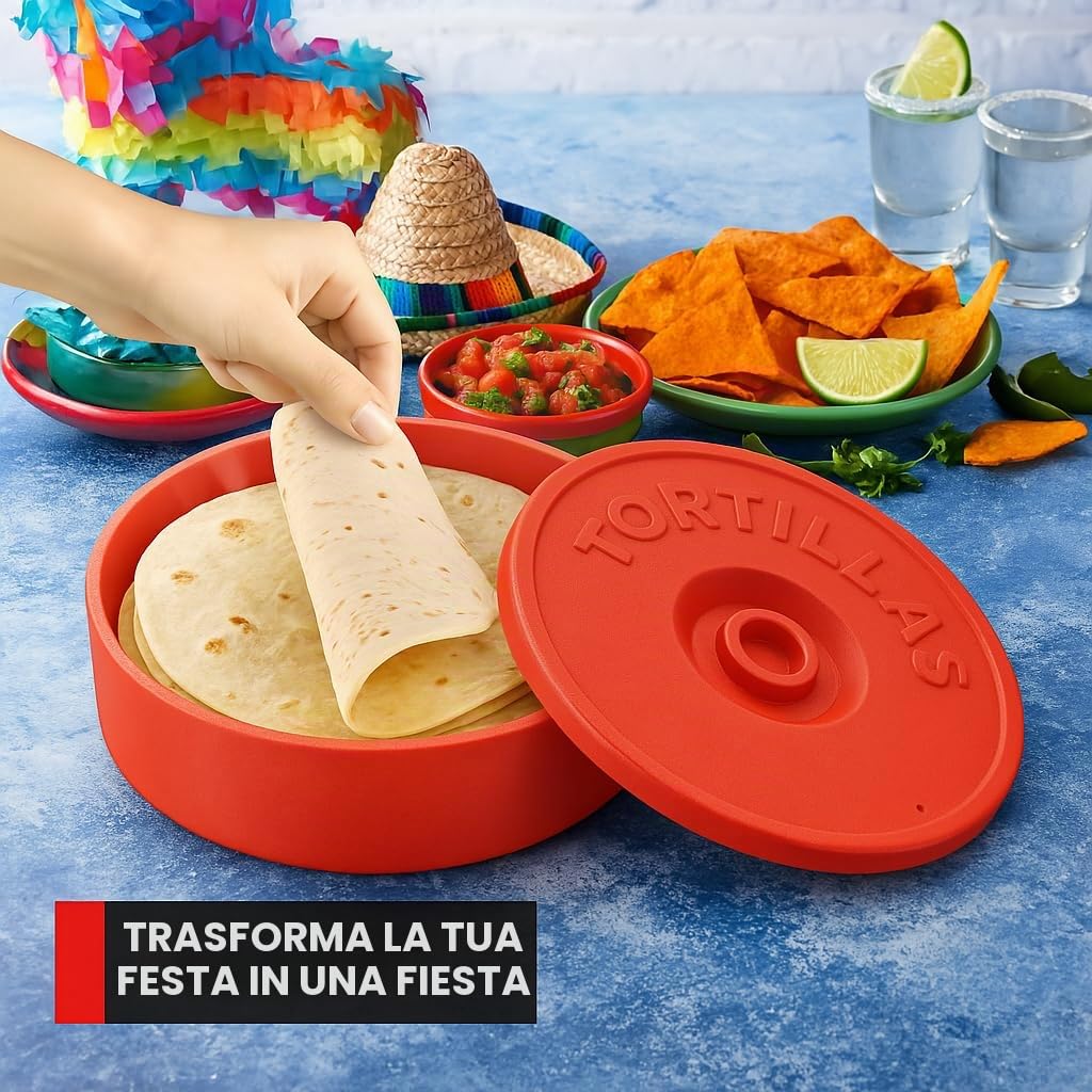 Tortilla Warmer - Tortillero Messicano per Mantenere Tortillas Messicane Calde - Fajitas - Burritos Messicano - Quesadillas - Tacos Messicani - 22 cm (Rosso)