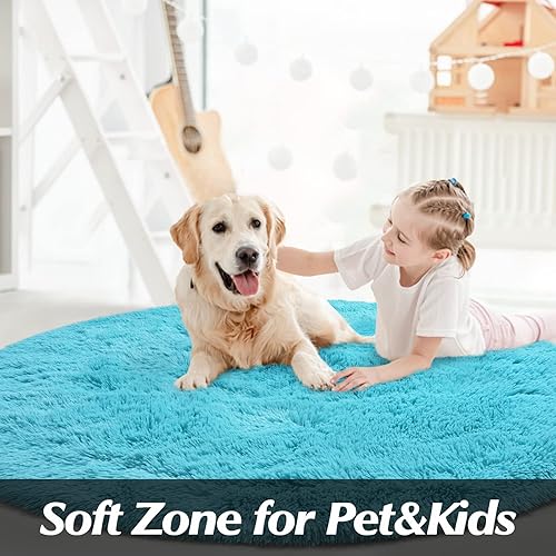 Miniatura 7 de Alfombra redonda azul para dormitorio de niñas, alfombra circular esponjosa de 4 x 4 pies para decoración de habitación de niños, alfombra circular