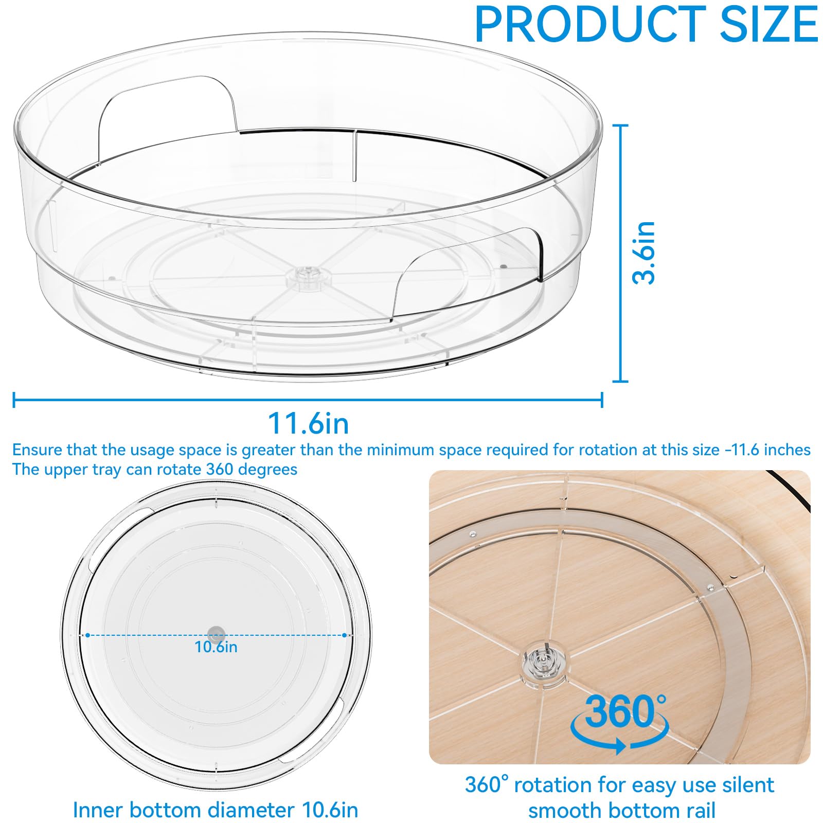 Yieach Lazy Susan Drehteller aus transparentem Acryl, 29,8 cm breit, für Kühlschrank, Schrank – mit Griff – 2 Stück großer Kühlschrank-Sauce Gewürz-Drehtisch-Organizer, drehbares rundes Gewürzregal