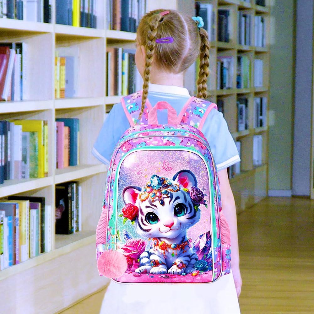 16" Tiger Backpack for Girls, 3Pcs Kids School Backpacks with Lunch Box, Bookbag for Elementary Preschool Kindergarten(Pink) - Image 8