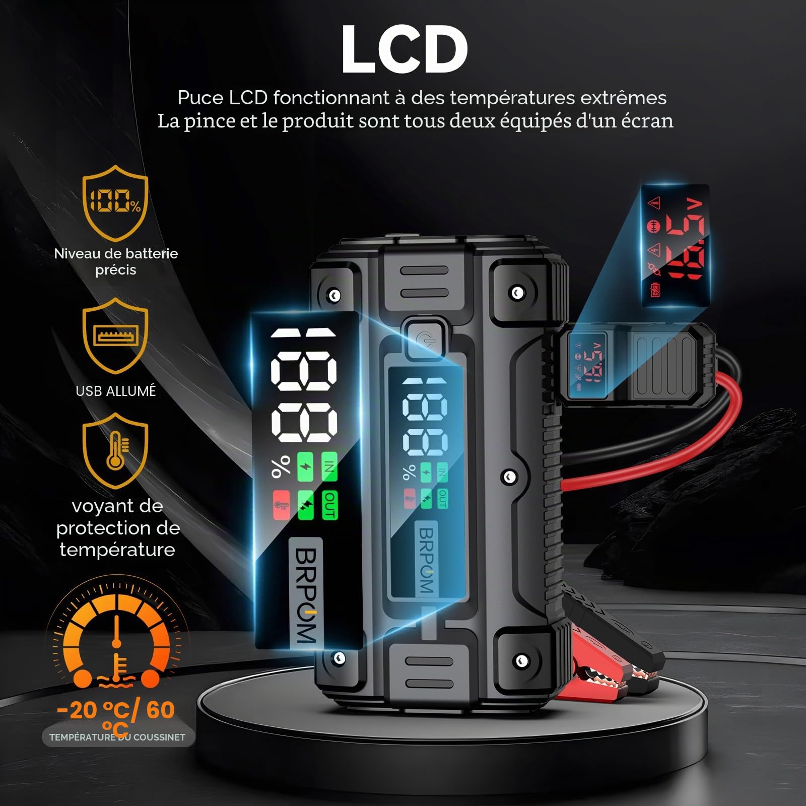 BRPOM Démarreur de voiture, pic de 5000A 26800mAh (jusqu'à tous les moteurs à essence ou diesel de 10,0L, 50 fois) Chargeur de batterie booster auto 12V boîtier de démarrage avec chargeur rapide
