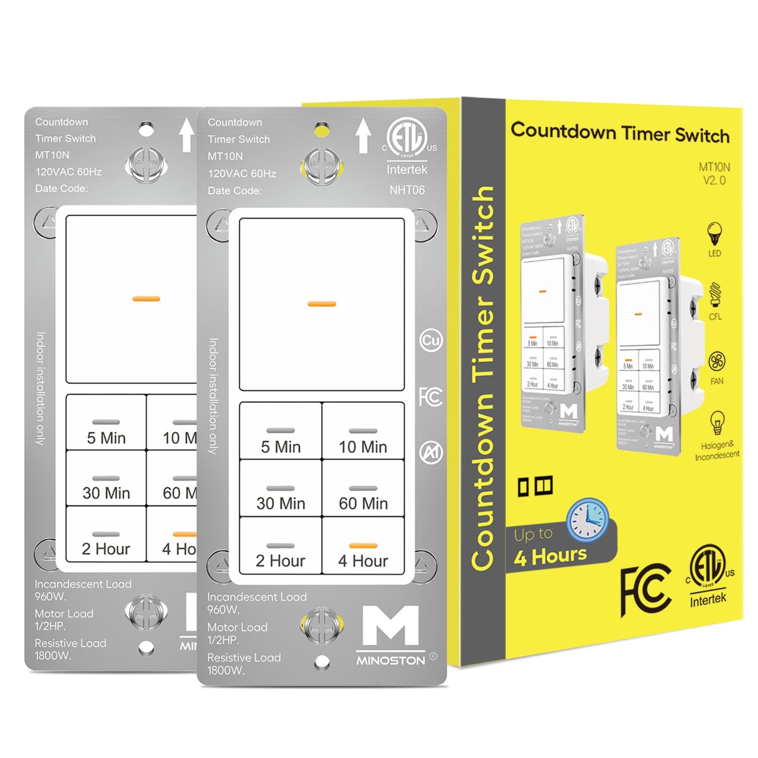 Minoston 4 Hour Countdown Timer Switch 5-10-30-60 Min, 2-4 Hour Timer Switch, Neutral Wire Required, for Bathroom Fans, Heaters, Lights, ETL & FCC Listed, 2 Pack(MT10N)