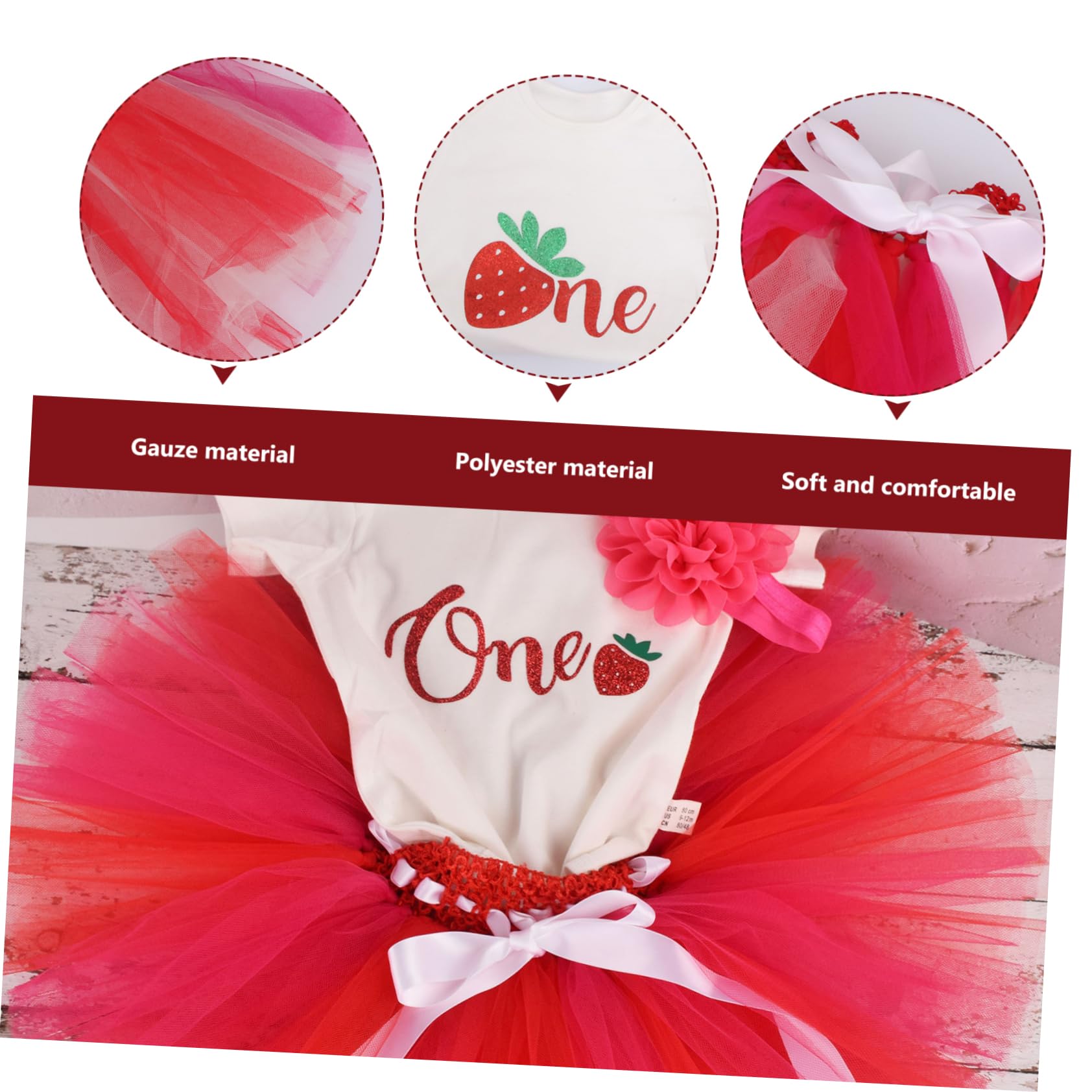 Amosfun Set Abbigliamento Gonna per Bambina 1 Anno in Poliestere | 3 Pezzi, Rosso, per Foto e Carnevale, Tessuto Gauze, Facile da Togliere