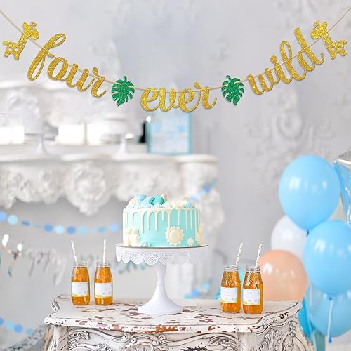 Miniatura 6 de Dalaber Bandera de Four Ever Wild, temática de animales de safari en la selva, decoración de fiesta de cumpleaños de 4 cumpleaños, letrero de