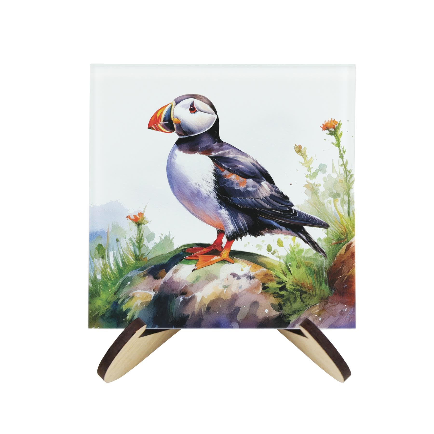 Puffins Glass Coaster Set - Coastal Puffling Seabird Gifts - Set of Four (4) Square Drinks Coasters & Wood-Effect Stand