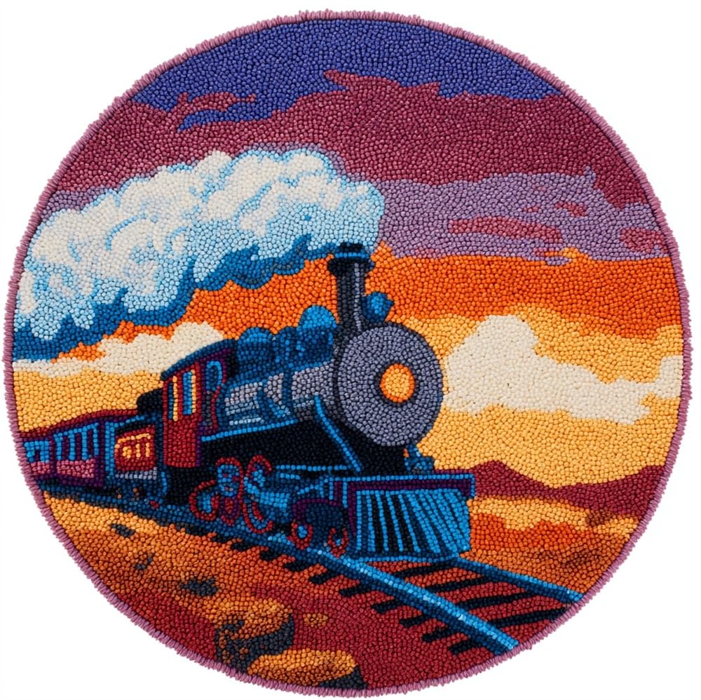 kitphoenix Round Latch Hook Rug Kit,Vintage Steam Train