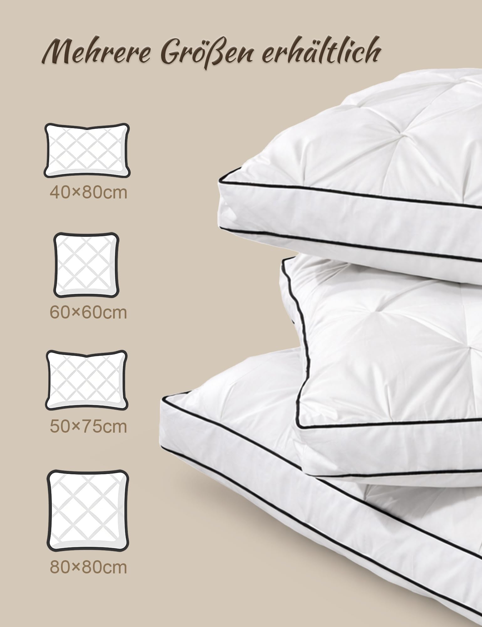 BPC Daunenkissen 80x80 cm 2er Set, 3-Kammer Kopfkissen | 90% Daunen außen & Federkern | Weich und formstabil | 100% Bio-Baumwoll-Bezug | Waschbar & pflegeleicht