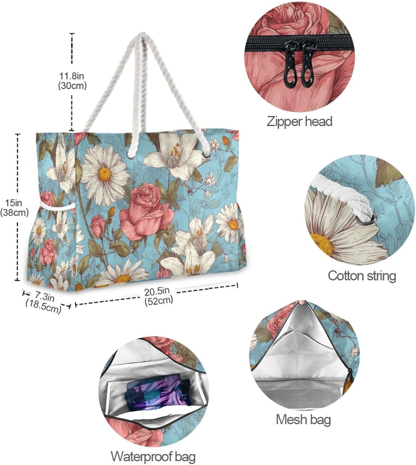 OTVEE Roses Lilies and Daisy Pattern Beach Bags for Women Ladies Large Canvas Tote Shoulder Bag Waterproof Travel Bags for Gym Swim Pool Camping