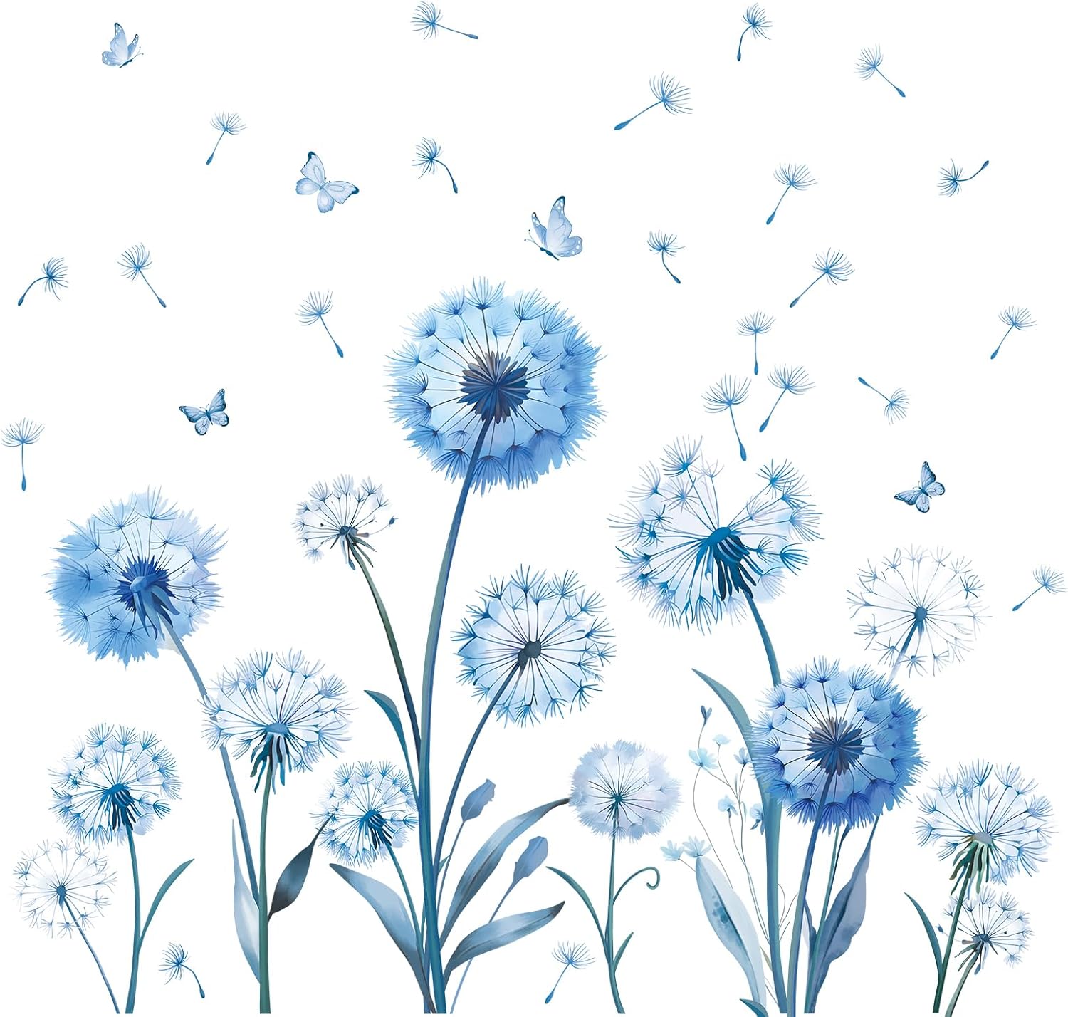 Blue Butterflies and Dandelion Vinyl Wall Decals, Fluffy Seeds Wall Arts Peel and Stick Wall Stickers for Bedroom, Girls Room, Nursery