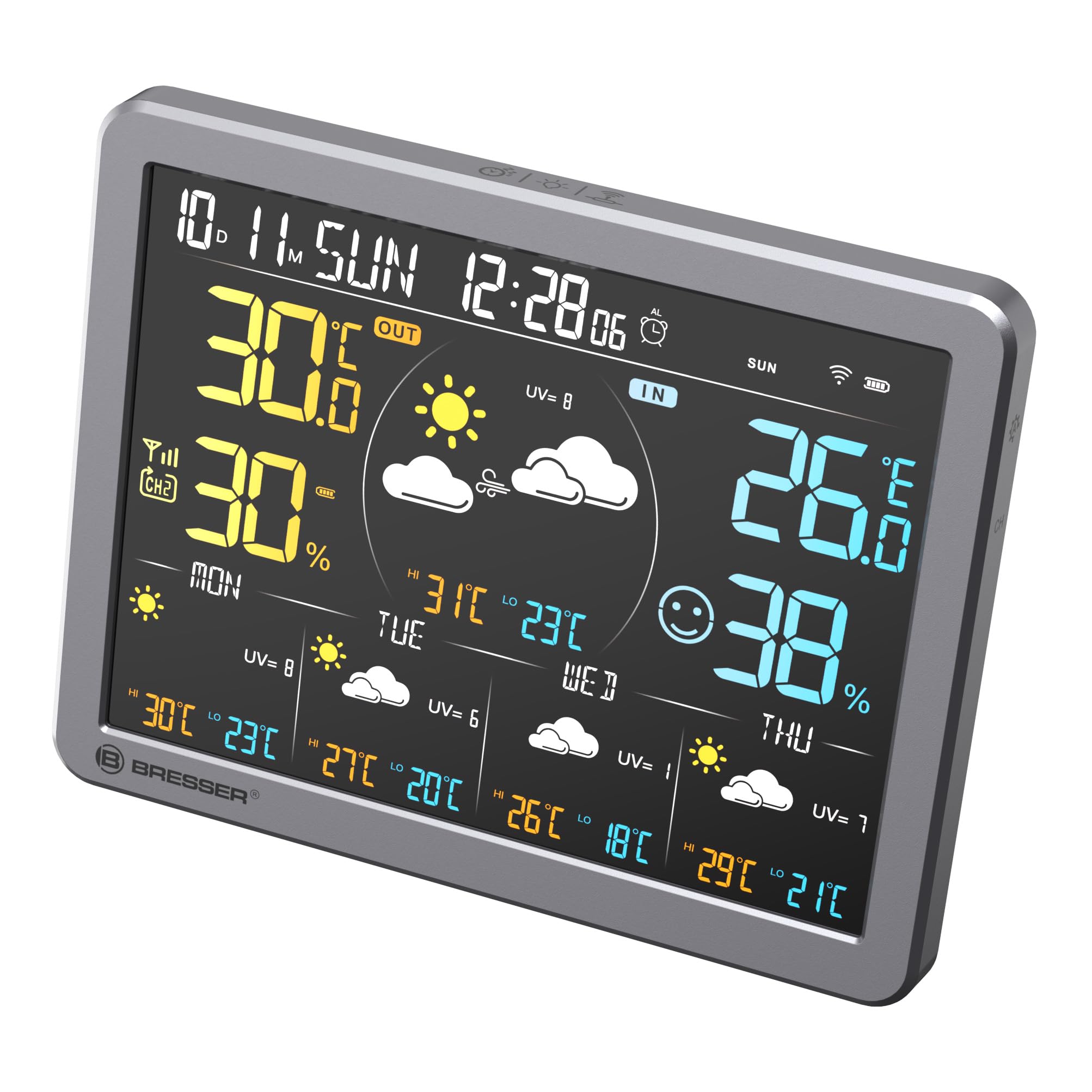 Bresser Stazione meteo Wi-Fi con app per Tuya Smart Home, previsione di 5 giorni, termoigrosensore, cronologia, indicatore di comfort, sveglia, allarme