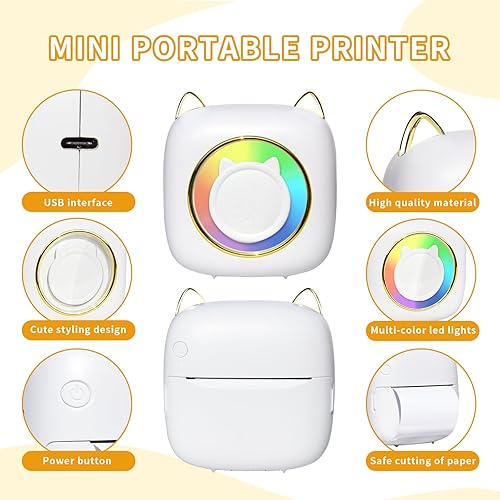 Miniatura 5 de Mini impresora de bolsillo, impresora térmica portátil con luz y 5 bolígrafos coloridos, 5 rollos de papel térmico y 5 rollos de papel adhesivo