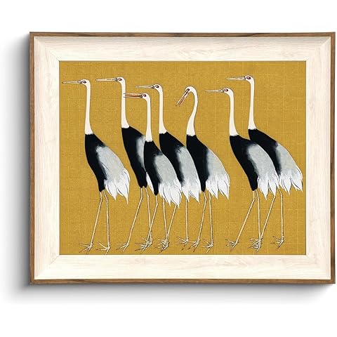 KISSFOX Vintage Framed Wall Art Seven Cranes Canvas Wall Art Yellow Zen Art Prints Wall Artwork For Living Room Bedroom Bathroom Kitchen 8x10inch