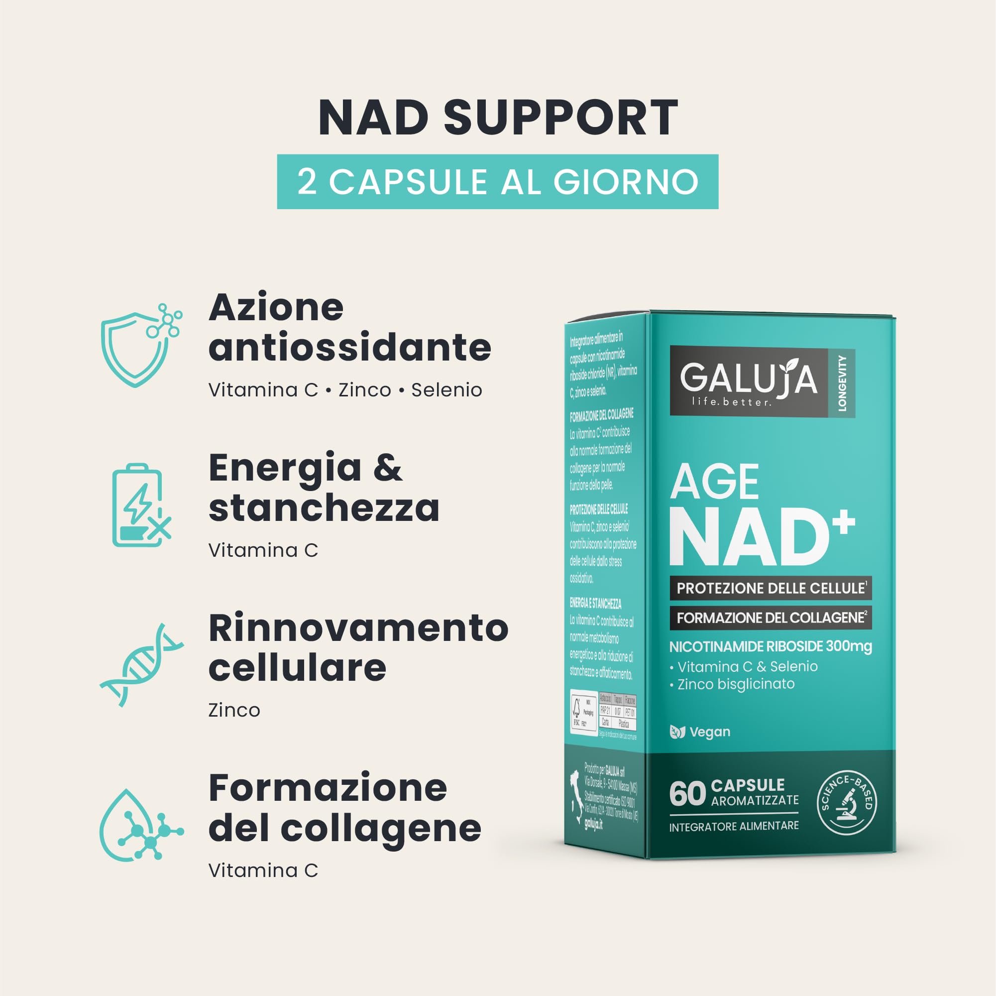 Age NAD+ - Integratore Longevity - NR 300 mg - 30 giorni (60 caps) - Vegan, senza glutine e lattosio, aroma pesca - Antiossidanti - Collagene - Energia - Vitamina C, Zinco, Selenio