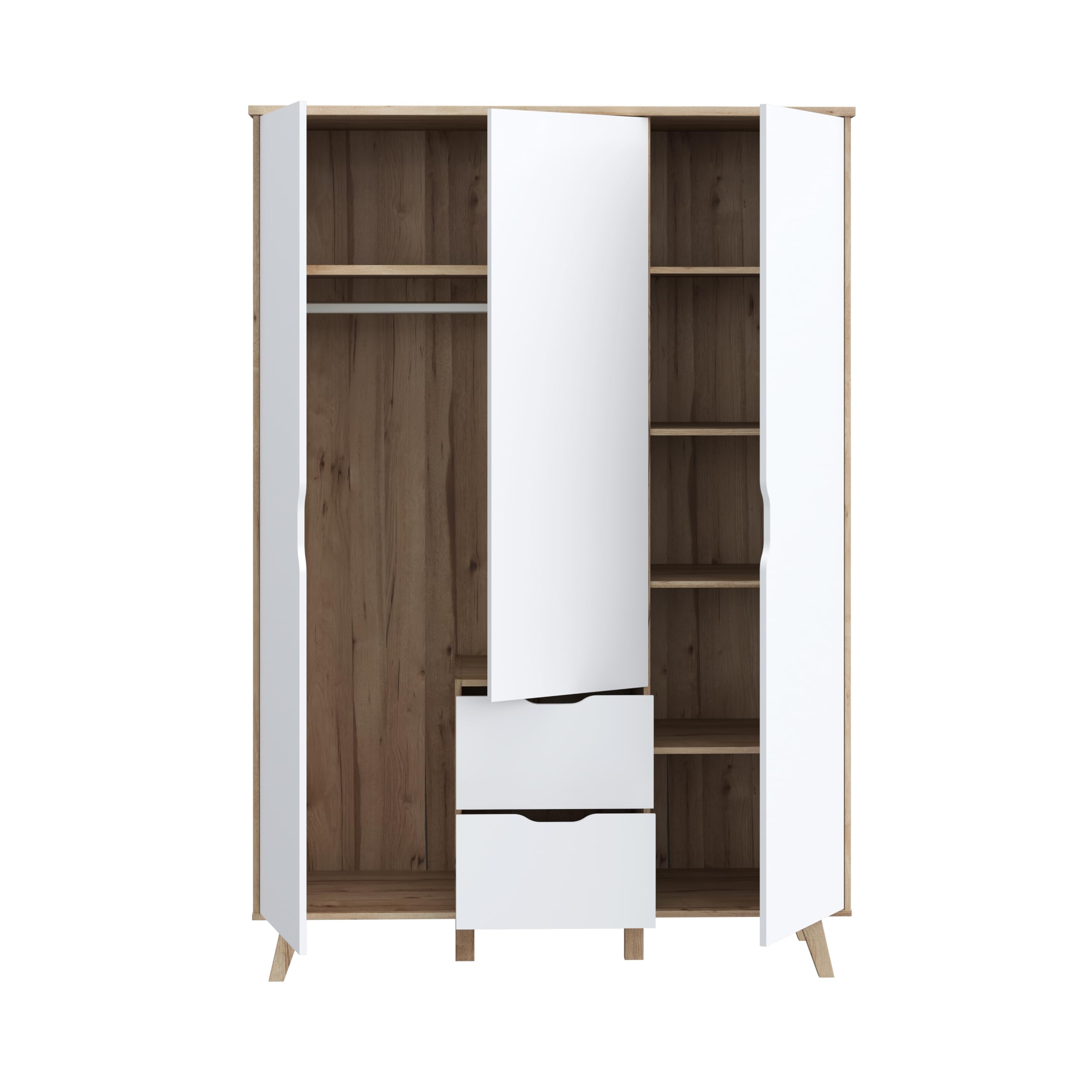 FORTE VANKKA Schrank 140, Kleiderschrank 2 Schubladen, Drehtürenschrank Skandinavisch, Schlafzimmerschrank Kinderzimmerschrank 3-türig Planked Eiche/Weiß, 139 cm breit x 201.5 cm hoch x 53 cm tief