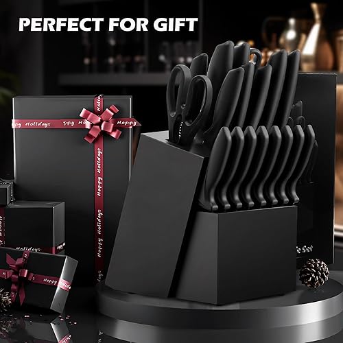 Miniatura 6 de Juego de 20 cuchillos para cocina con bloque, apto para lavavajillas, con afilador integrado, juego de cuchillos de acero inoxidable alemán negro