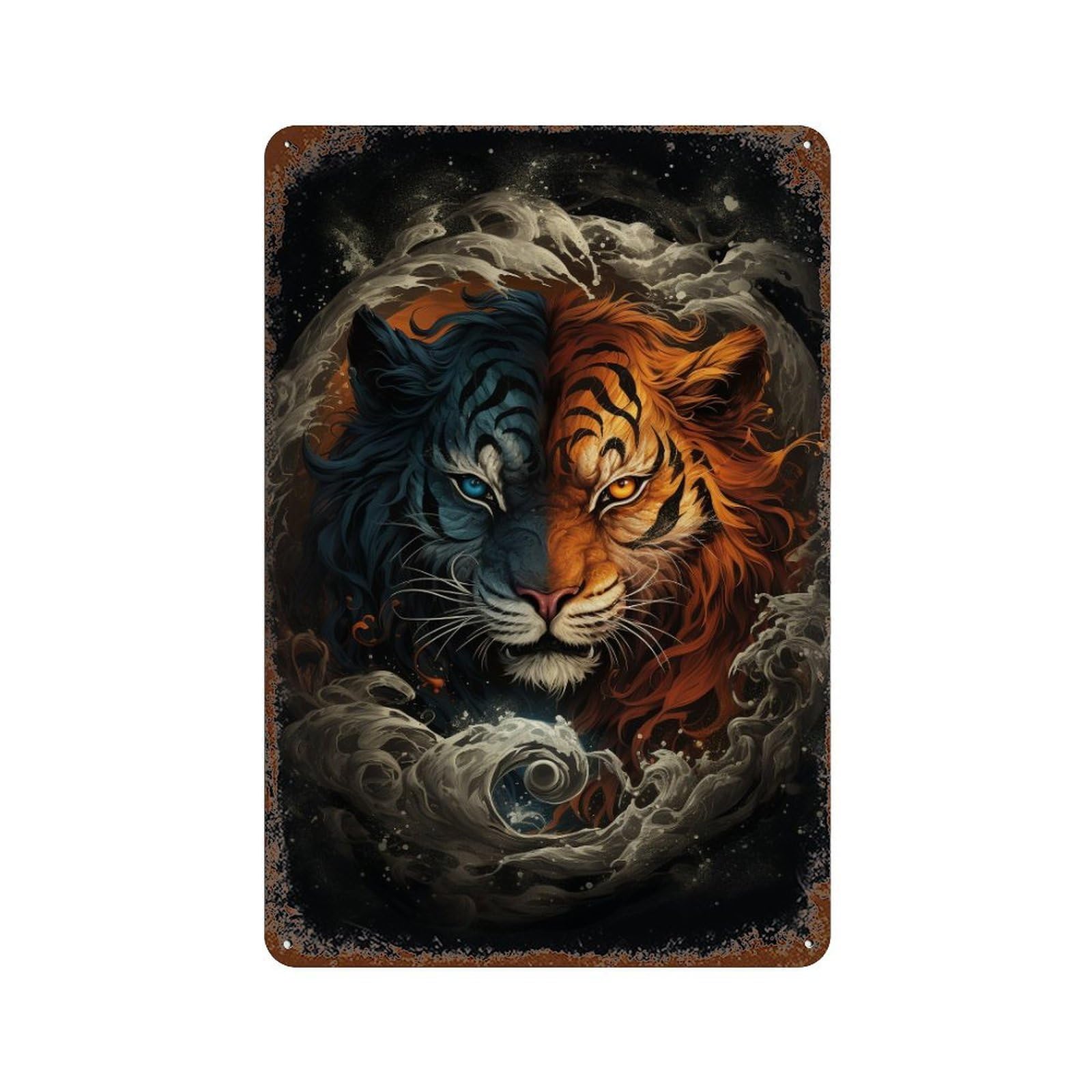 Garage Style Yin Yang Tiger Art Print Vintage Metal Tin Sign 11.8"x7.9", Classic Wall Plaque for Bar And Workshop