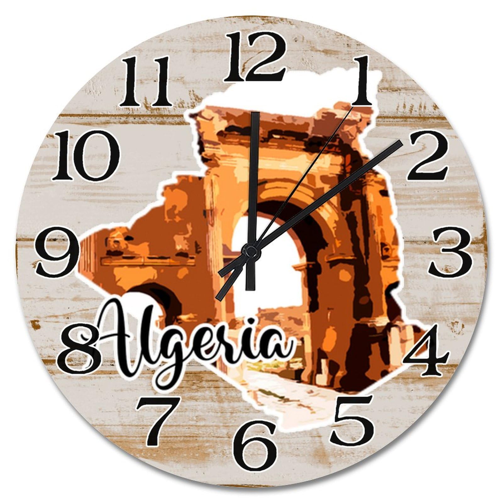 Horloge murale silencieuse en bois gravé avec les attractions d'Algérie