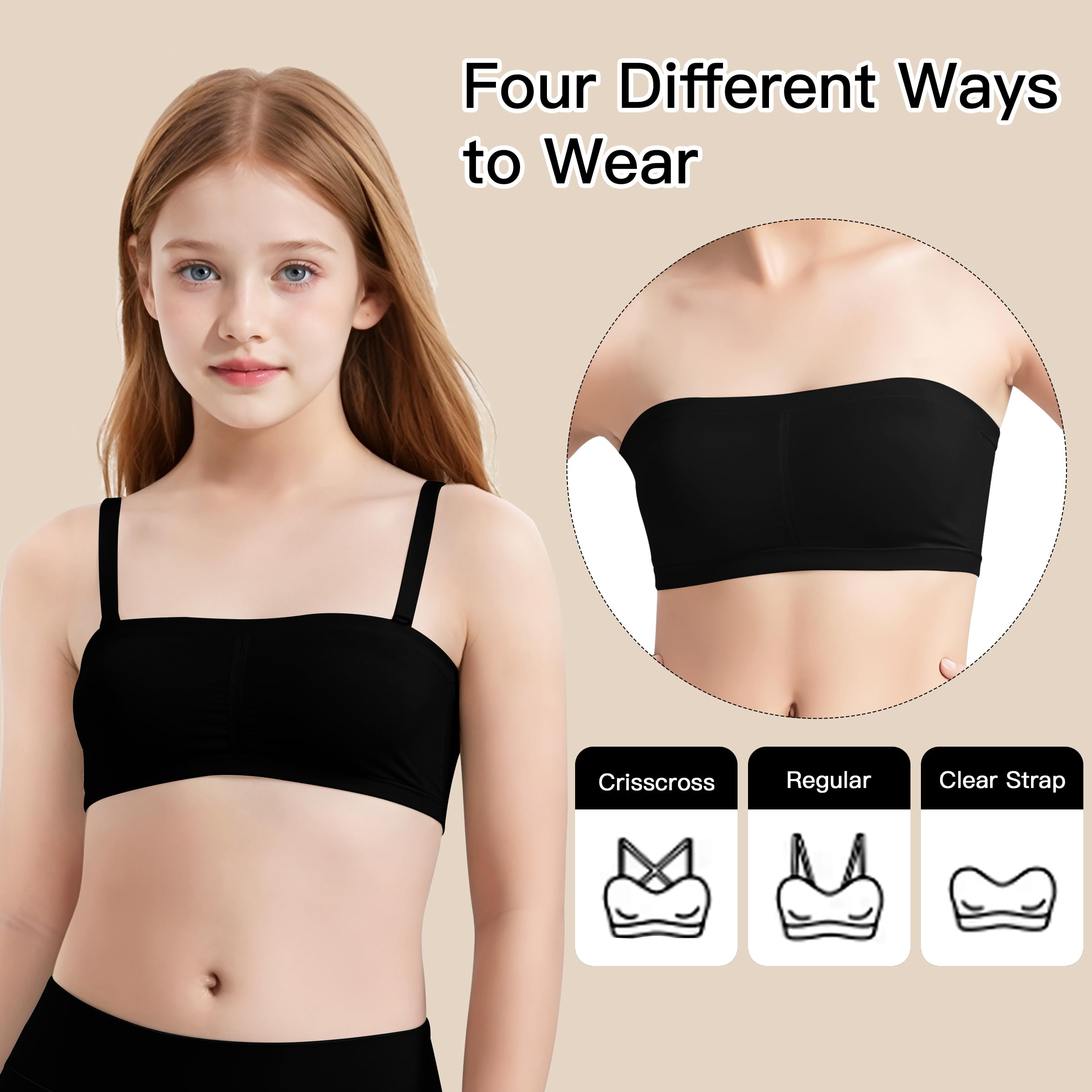 DANSHOW Soutien-gorge d'entraînement sans couture pour adolescentes, 2 paires de bretelles transparentes réglables, rembourrage amovible