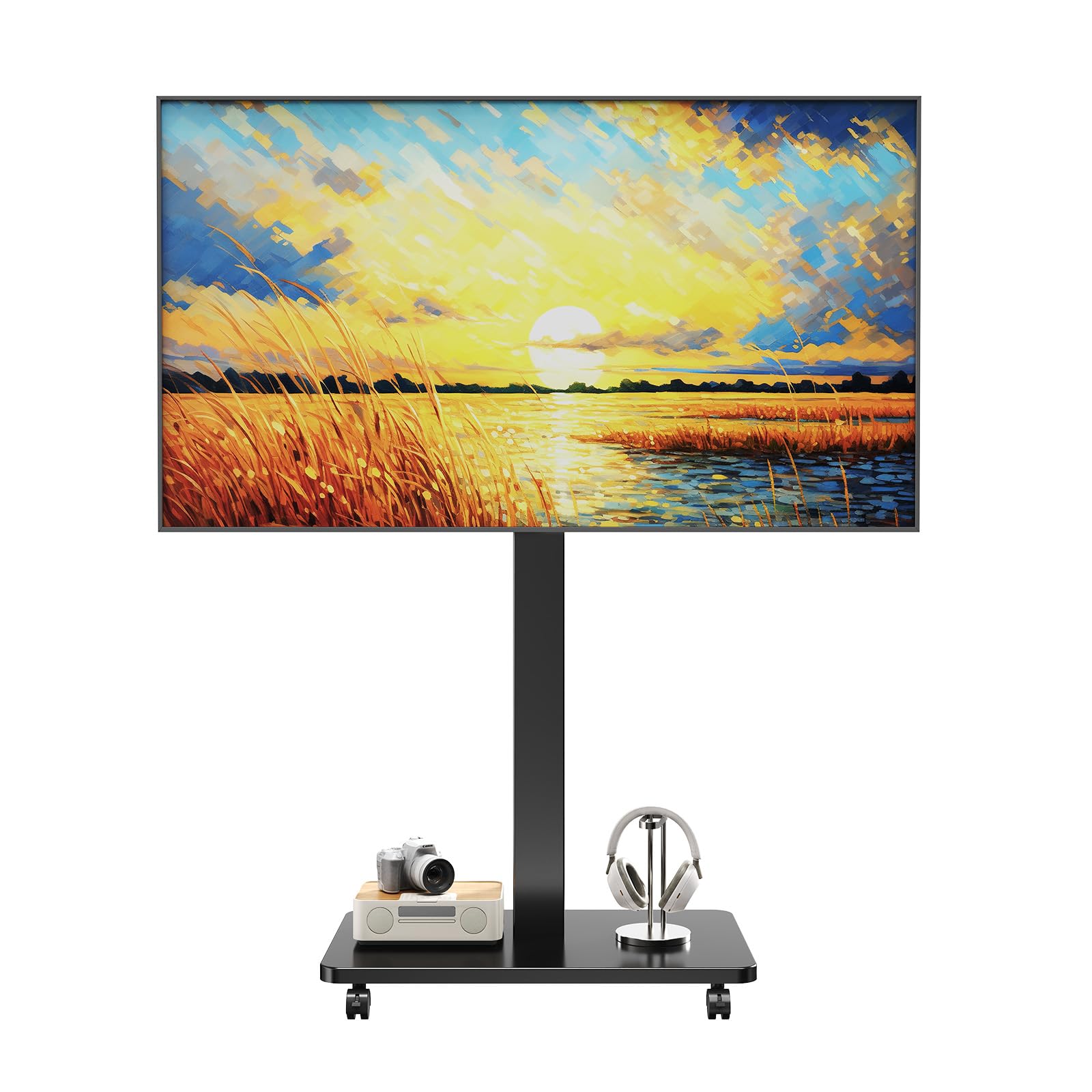 CNTSLNB TV Ständer Rollbar mit Holzablage für 10-46 Zoll Fernseher | Hoch und Querformat, 90°Rotierbar, Höhenverstellbar Fernsehständer mit Rollen bis 40 kg Max. VESA 200x200mm, Schwarz