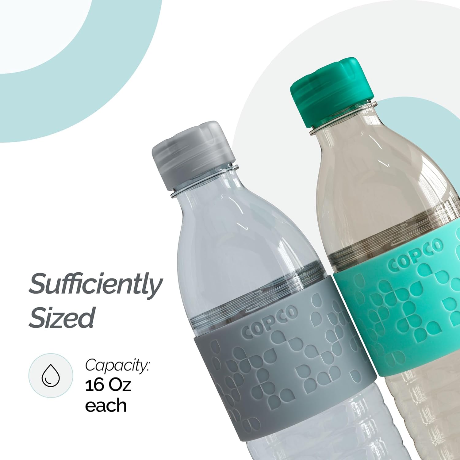 Copco Hydra 16.9 oz Water Bottle, Set of 2 – Leak Proof, BPA Free Tritan, Dishwasher Safe, Twist-Open Body for Ice & Easy Cleaning, Non-Slip Silicone Grip, Ideal for Busy People (Gray & Teal)