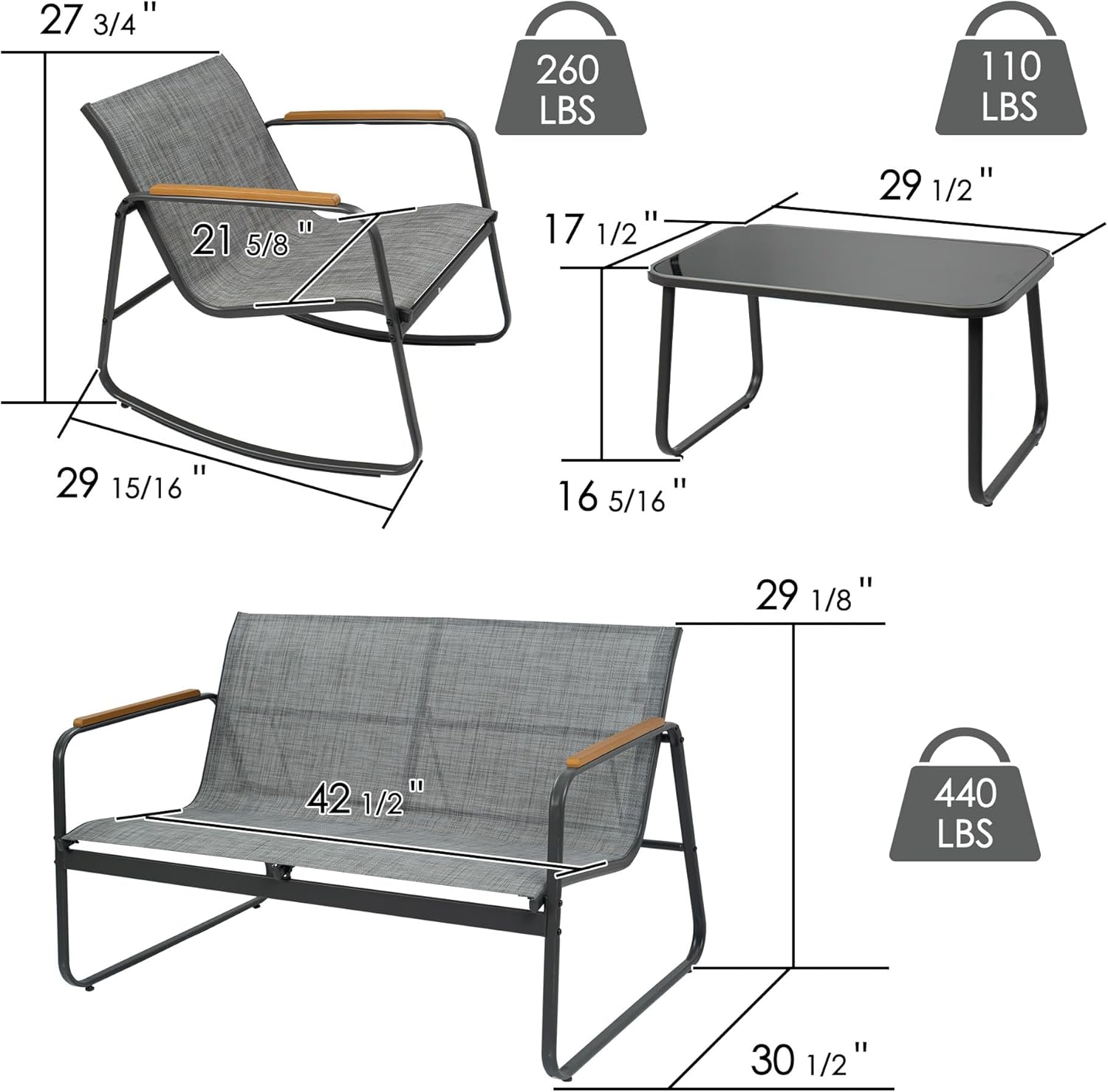 Kozyard 4-Piece Outdoor Patio Furniture Set with Textilene Chairs, Metal Conversation Set, Tempered Glass Coffee Table, Powder-Coated Steel Frame for Garden, Poolside, Backyard Gray