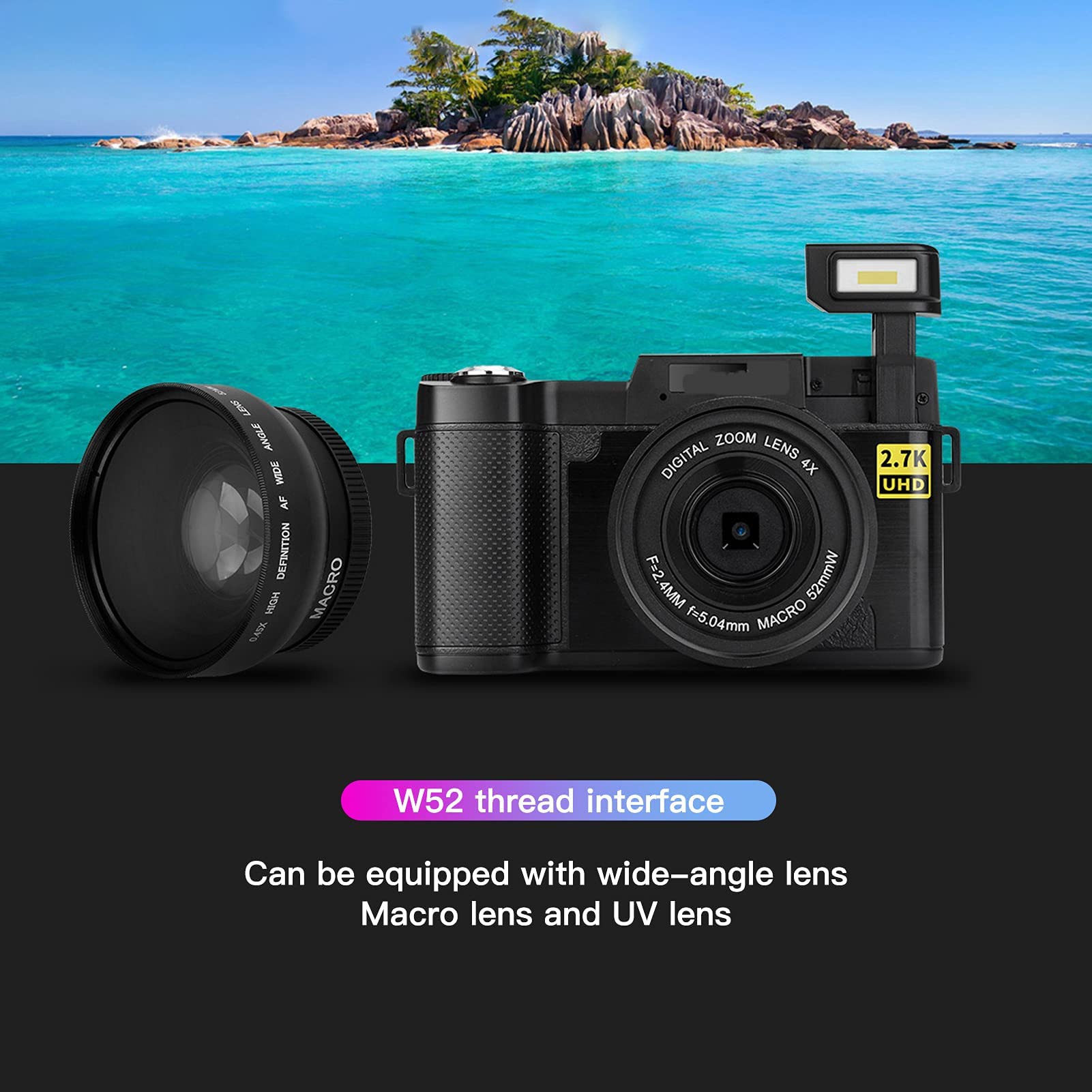 Fotocamera Digitale, Schermo LCD Flip 180° da 3 Pollici, Videocamera Full HD 2,7K 48MP per Vlog, Batteria Integrata 800mAh per Bambini