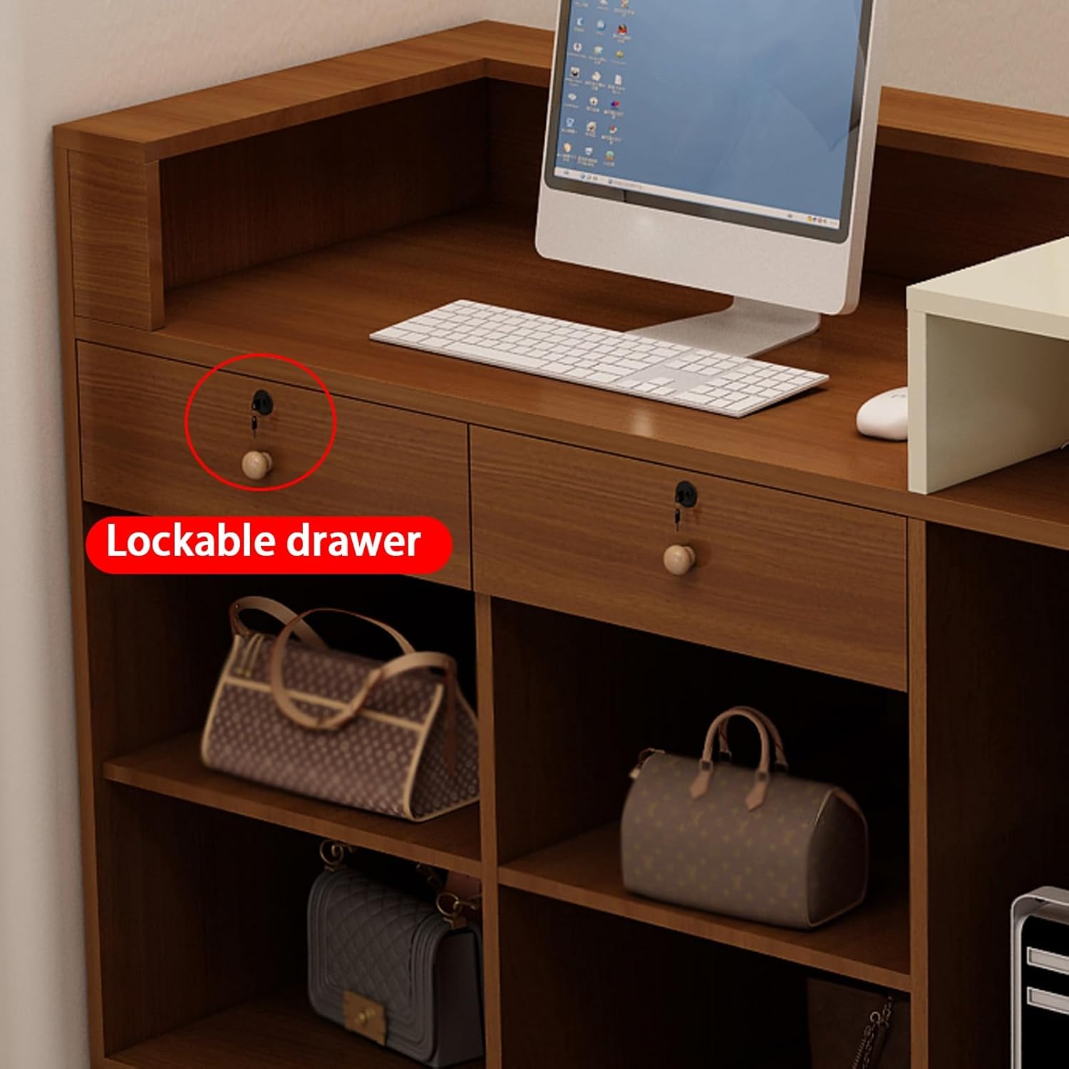 Reception Desk, Front Desk Reception, Retail Counter for Checkoutwith Counter, Front Counter with Lockable Drawer, Reception Room Table Ideal for Malls, Businesses(White+Beige,90cm/35.4in)