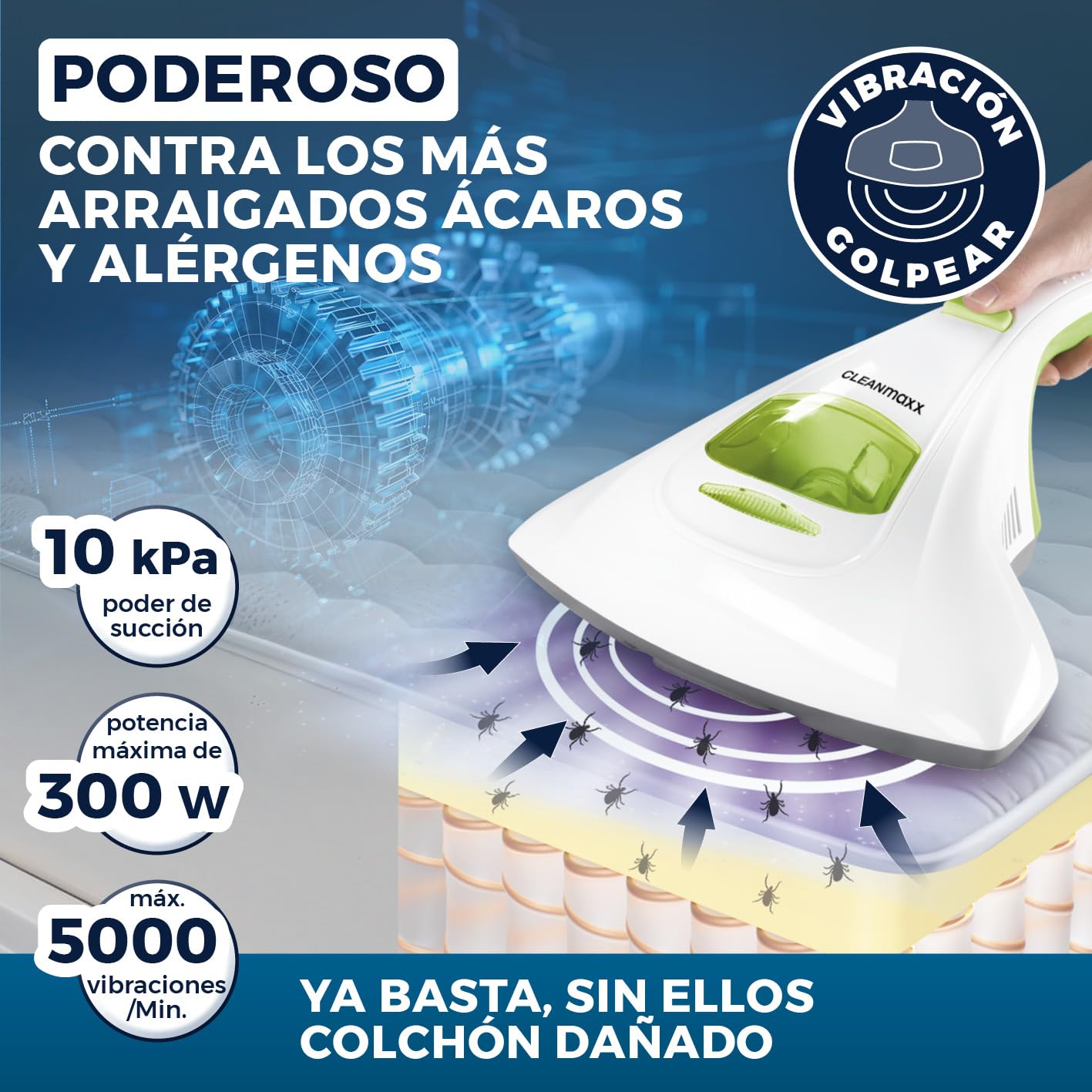 CLEANmaxx Aspirador Manual de ácaros | Limpiador de colchones con Potente succión, esteriliza Las Superficies con luz UV-C | 300Watt [Destruye hasta el 99,9% de Todos los ácaros]