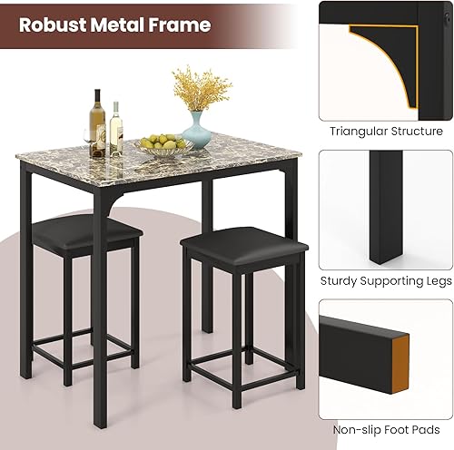 Miniatura 5 de GOFLAME Juego de mesa de comedor de 3 piezas para 2, juego de mesa y sillas de cocina a altura de mostrador con tablero de mármol falso, taburetes