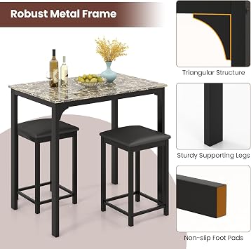 GOFLAME 3-Piece Dining Table Set for 2, Kitchen Counter Height Table and Chairs Set with Faux Marble Tabletop, Padded Stools, Modern Bar & Pub Table Set for Dining Room, Restaurant (Black & Beige)