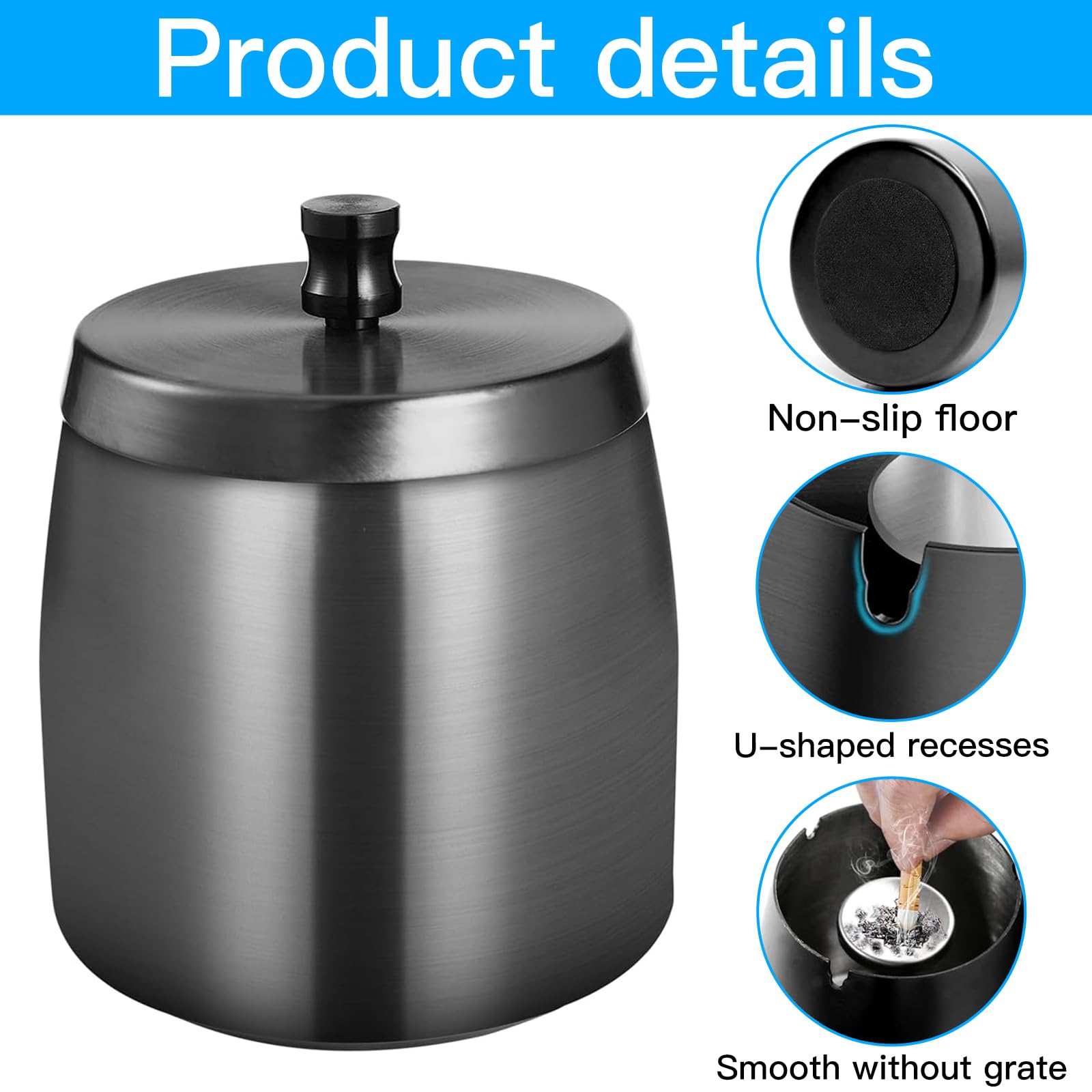 Binnan Posacenere da Esterno, Posacenere con Coperchio, Posaceneres Retrò con Coperchio, Scrivania, Patio, Posaceneres per Casa, Ufficio, Balcone Esterno (Nero)