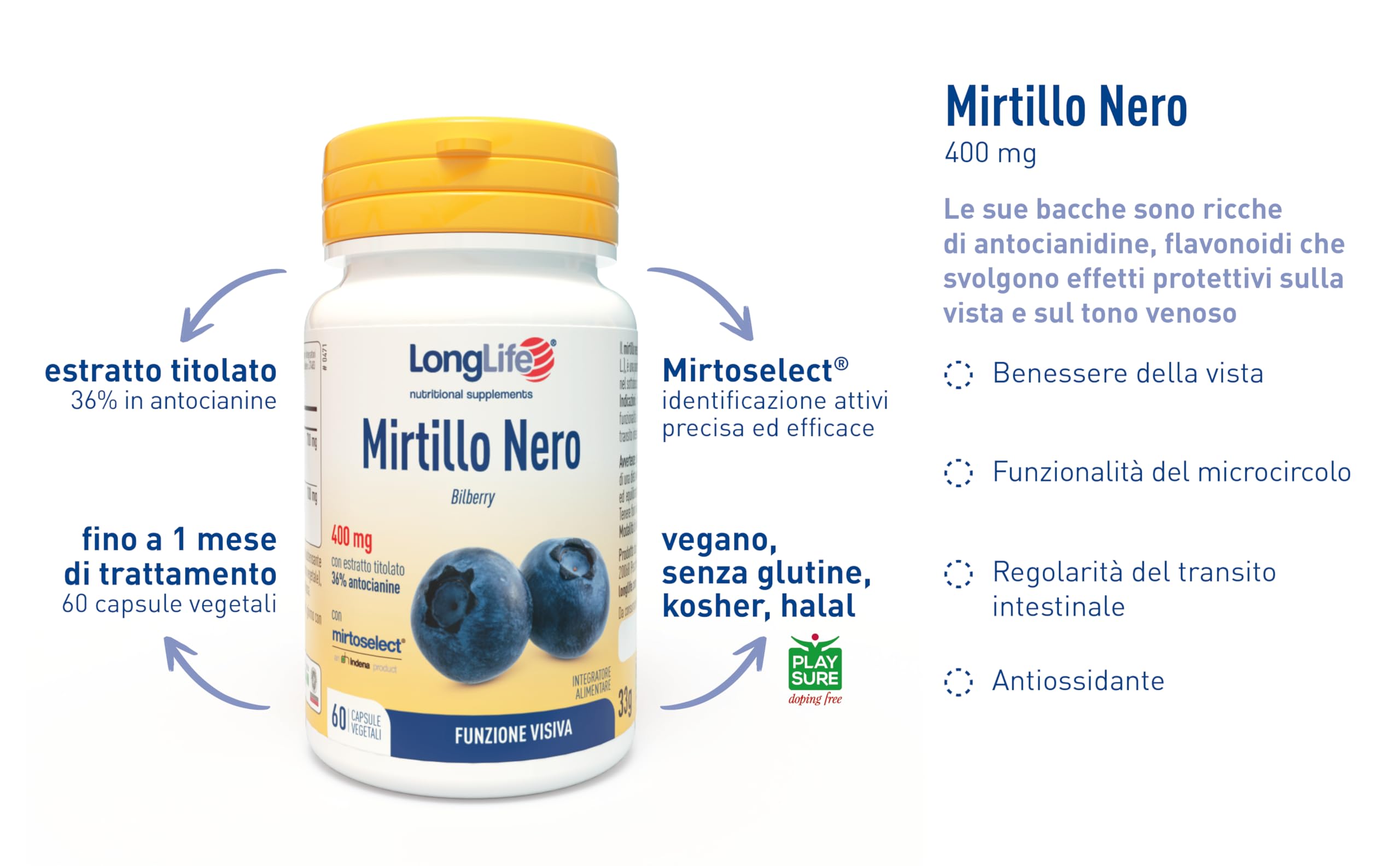 LongLife® Mirtillo Nero | Con estratto titolato al 36% in antocianosidi (Mirtoselect®) | Minimo 800mg | Benessere della vista e del microcircolo | Fino a 1 mese di trattamento | Vegano e senza glutine