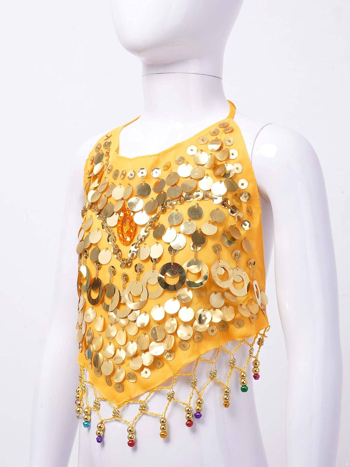 FEESHOW Kids Girls Glitter Sleeveless Crop Top Lace-up Halter Neck Backless Sequins Bells Tassel Decor Top