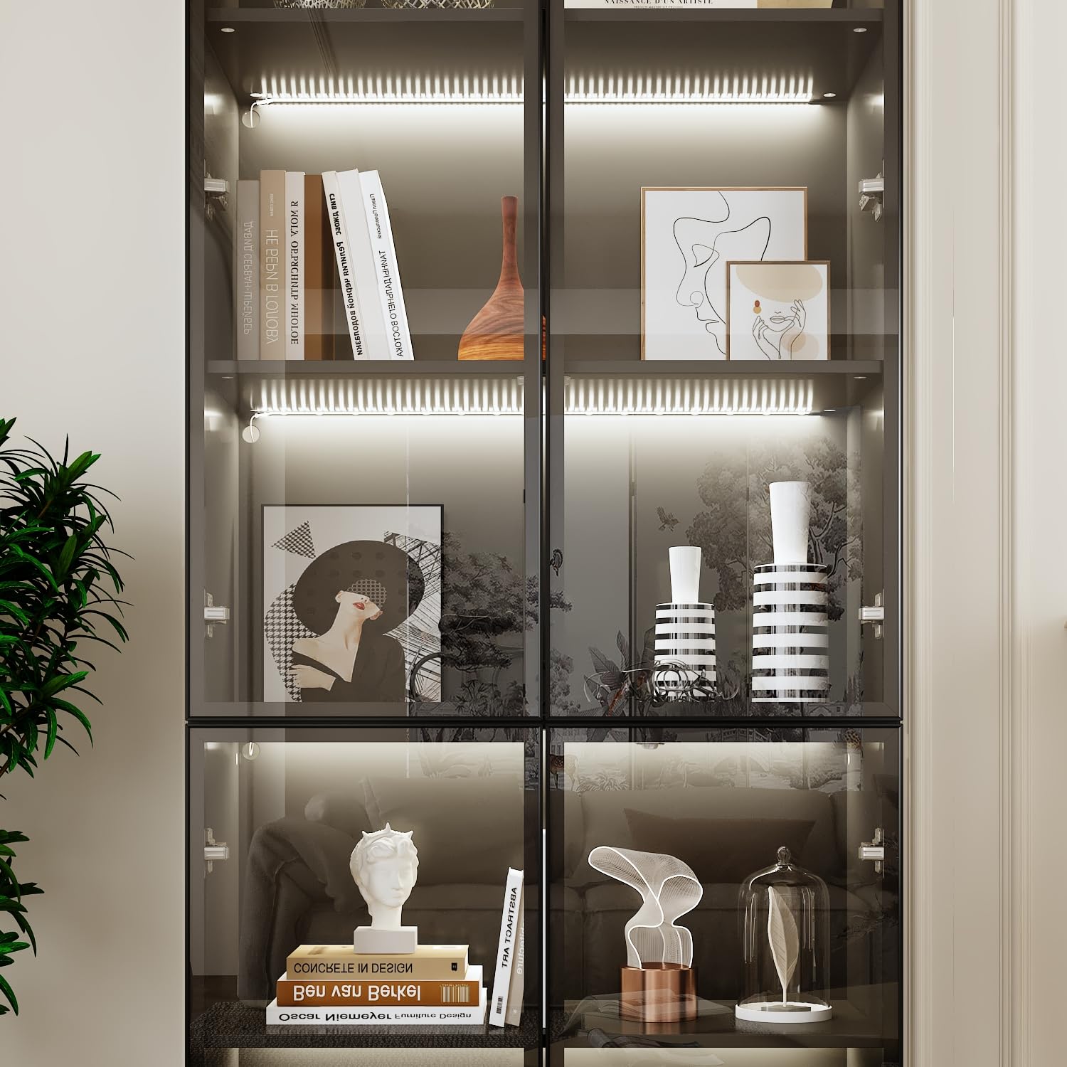 Vitrina de cristal con iluminación, vitrina colectora, vitrina de pie, vitrina de cristal, color negro, 175,5 x 50 x 23 cm, cristal templado + marco de aluminio