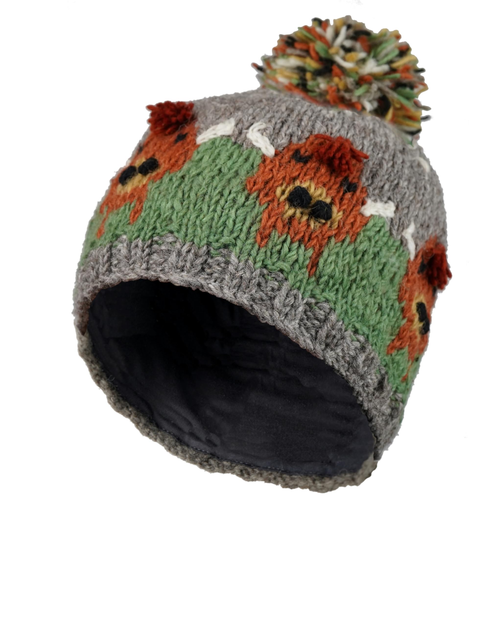 Pachamama Women Wool Bobble Beanie Hat Jersey Cotton Lined Handknitted Highland Cow Multicoloured One Size Handmade Fair Trade