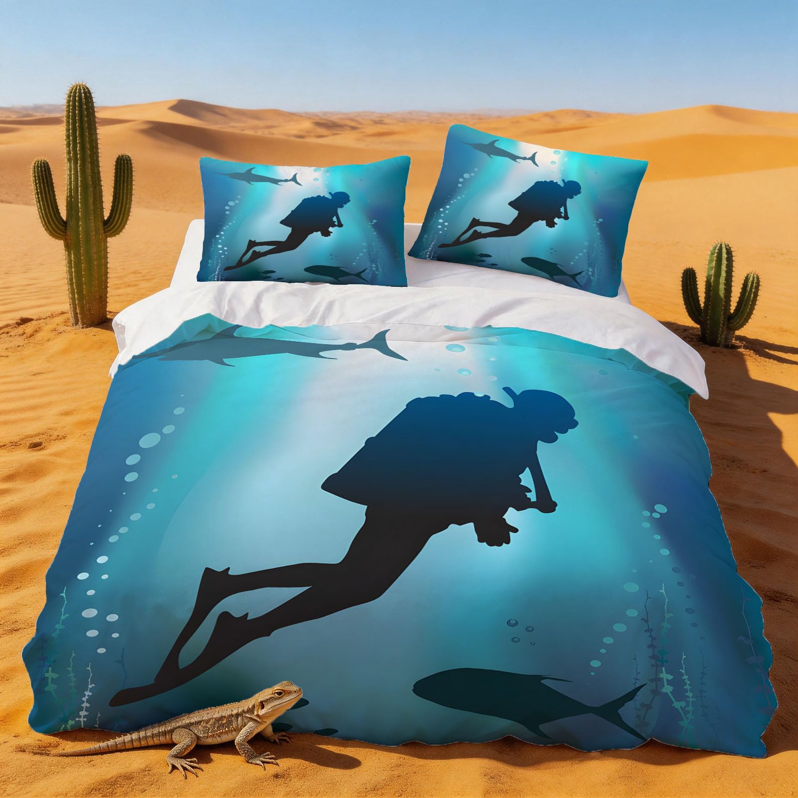 Housse de couette 240 x 260 microfibre lit adulte motif plongée sous-marine