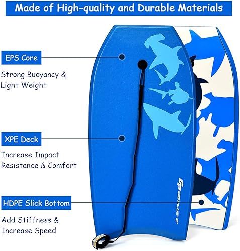 Miniatura 3 de Goplus Boogie Boards para playa, tablero ligero con núcleo EPS, cubierta XPE, parte inferior lisa de HDPE, correa premium y cuerda de muñeca