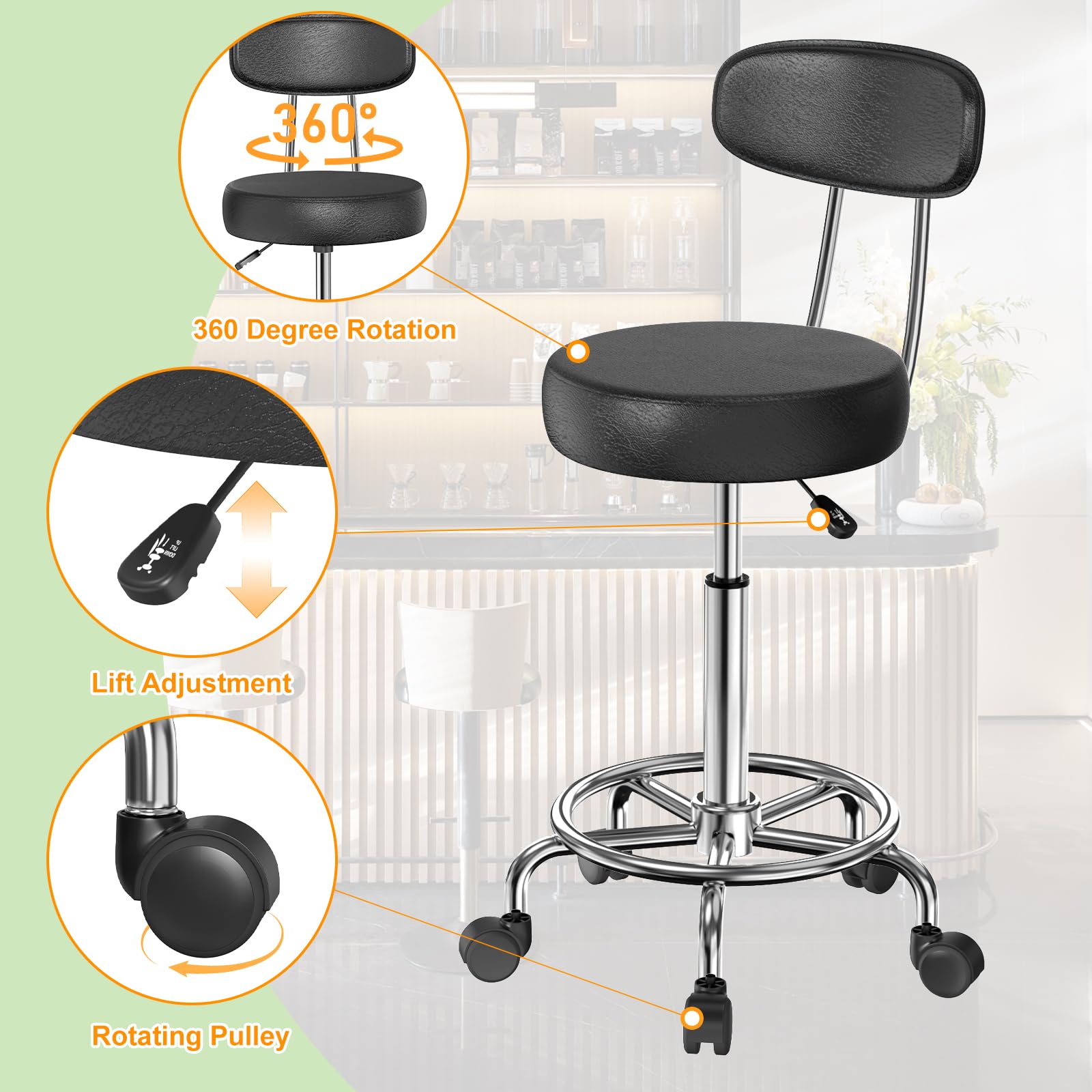 Lot de 2 Tabouret de Bureau avec Dossier,Tabouret à roulettes Rotation à 360°Hauteur Réglable 49-64cm,Tabouret de Travail chaises de Bar avec Roues, pour Salon de Massage, Bureau,Noir